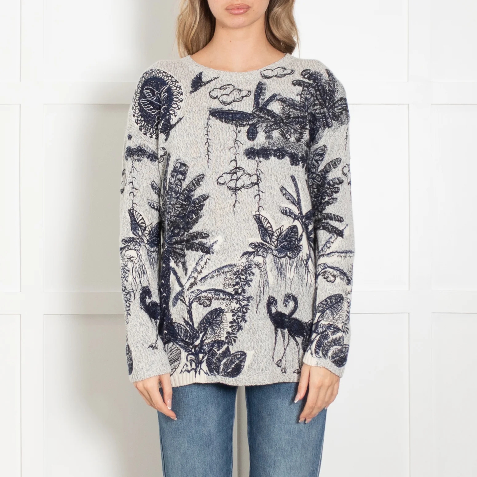 Christian Dior Grey & Blue Cashmere Mix 'Flora & Fauna' Embroidered Jumper - Image 2