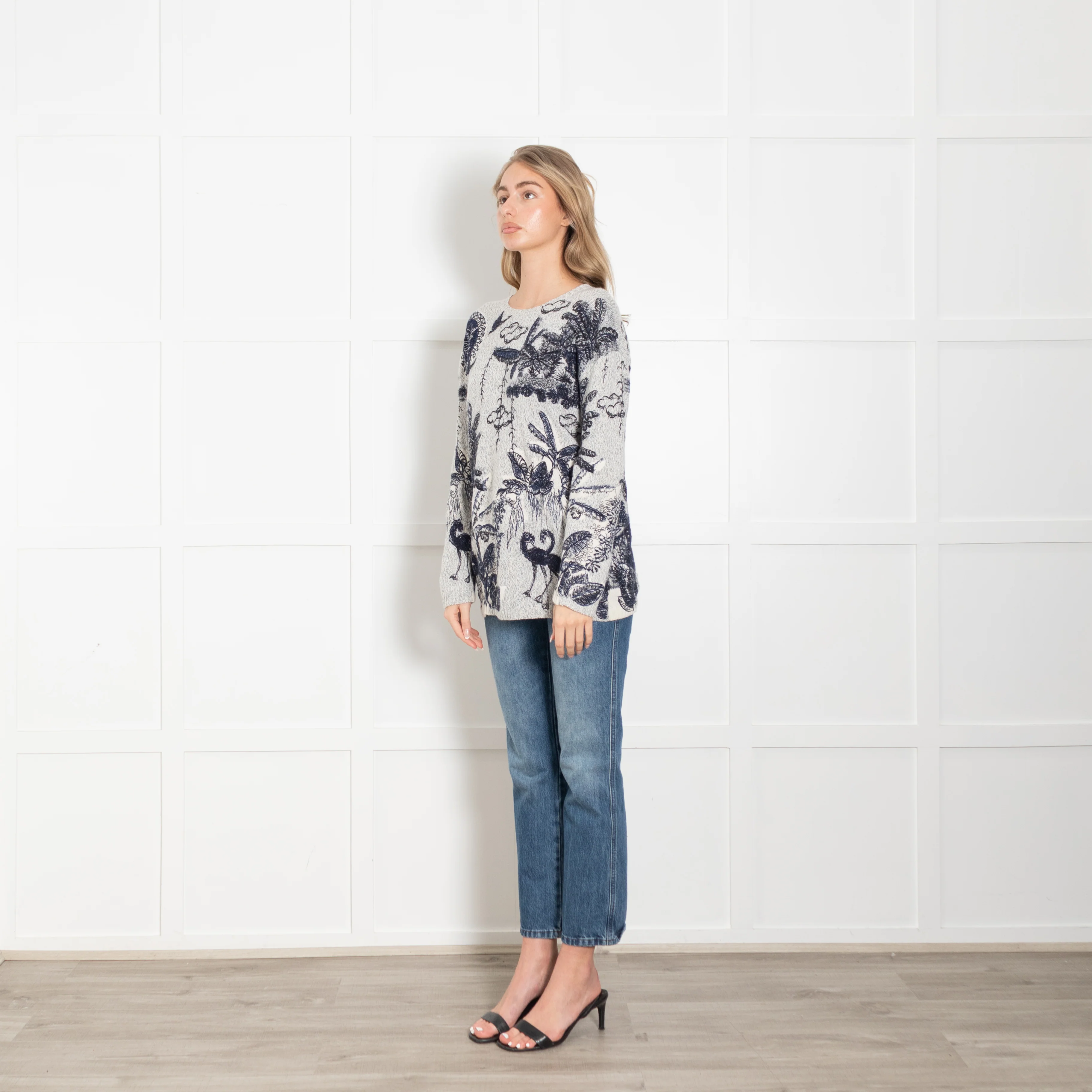 Christian Dior Grey & Blue Cashmere Mix 'Flora & Fauna' Embroidered Jumper - Image 3