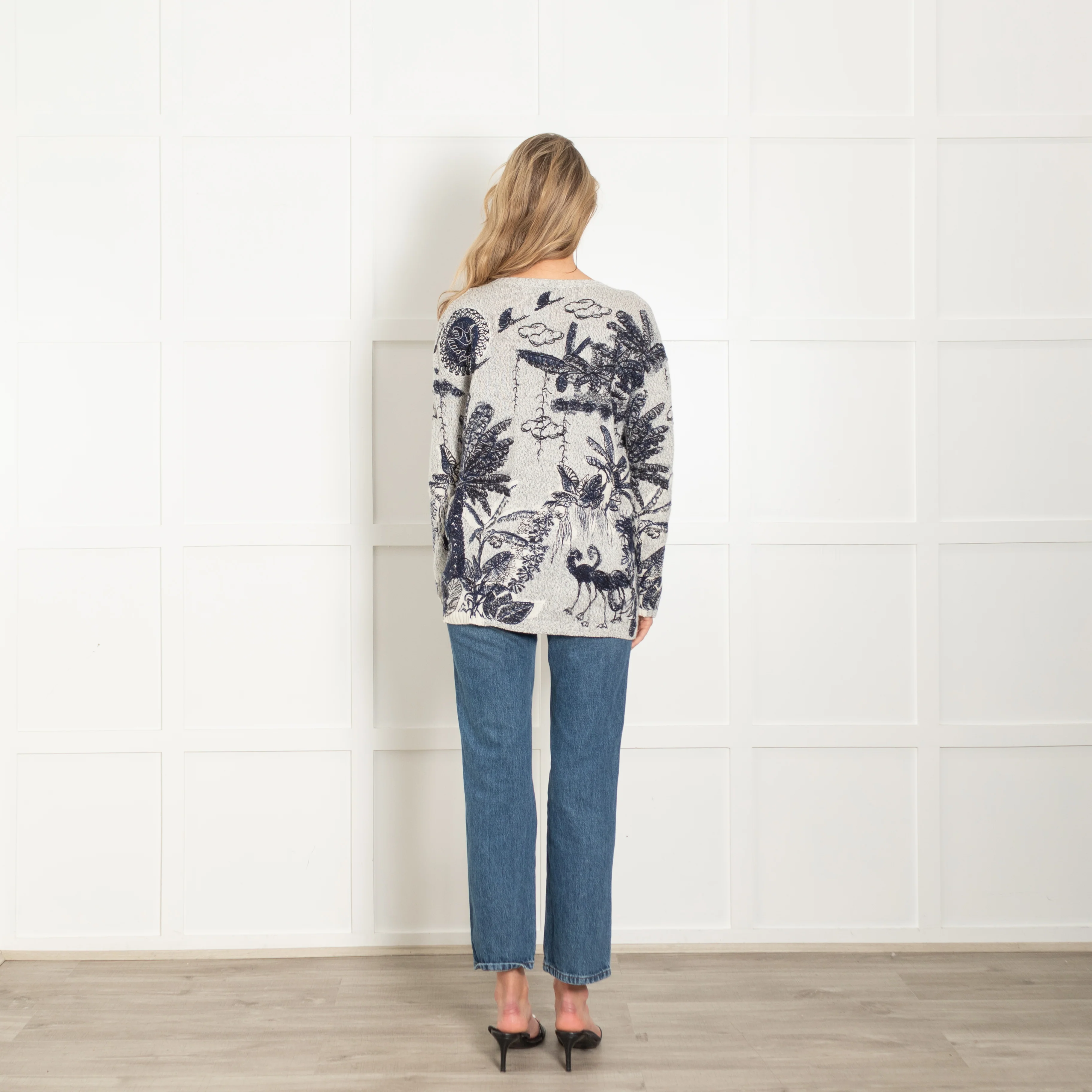 Christian Dior Grey & Blue Cashmere Mix 'Flora & Fauna' Embroidered Jumper - Image 5