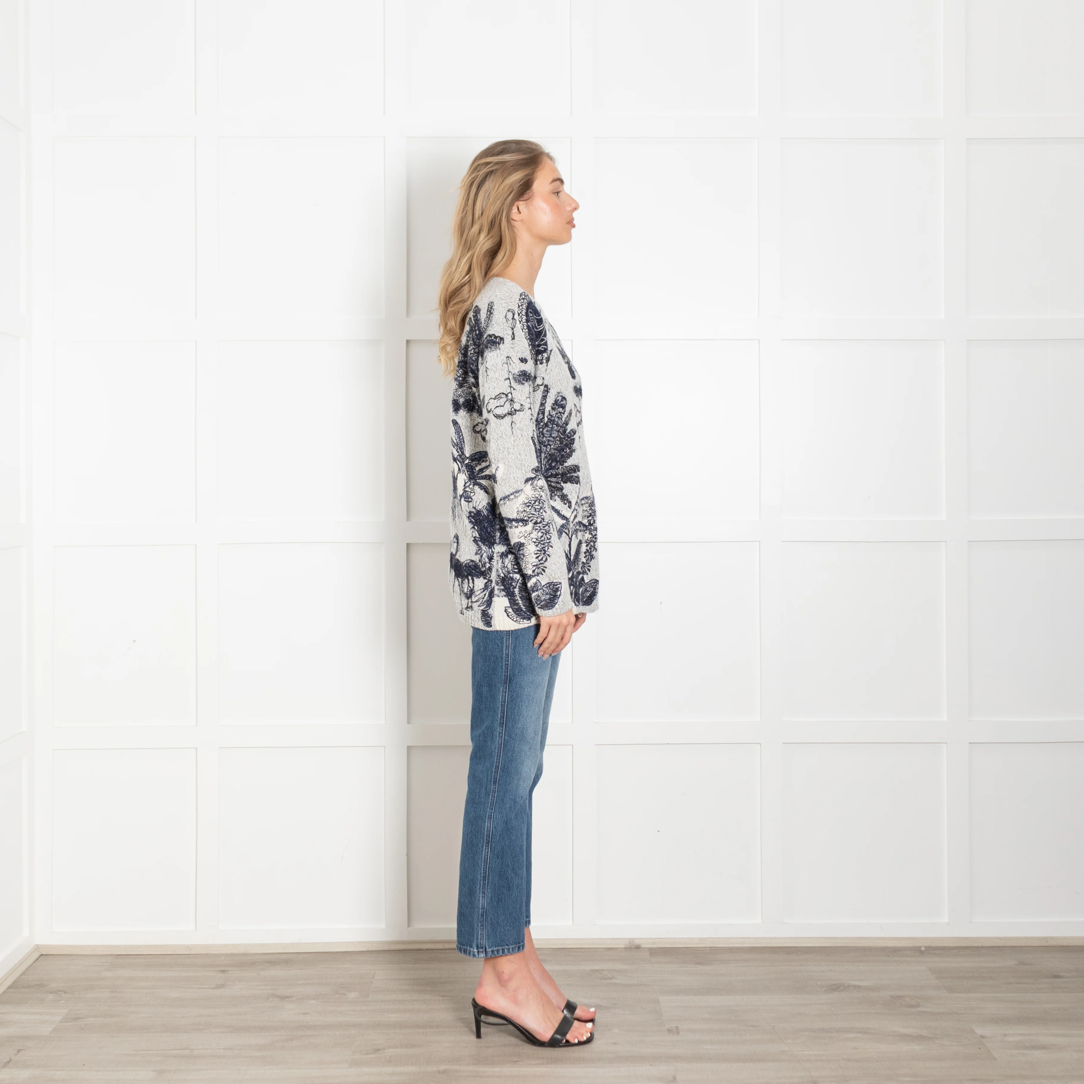 Christian Dior Grey & Blue Cashmere Mix 'Flora & Fauna' Embroidered Jumper - Image 6