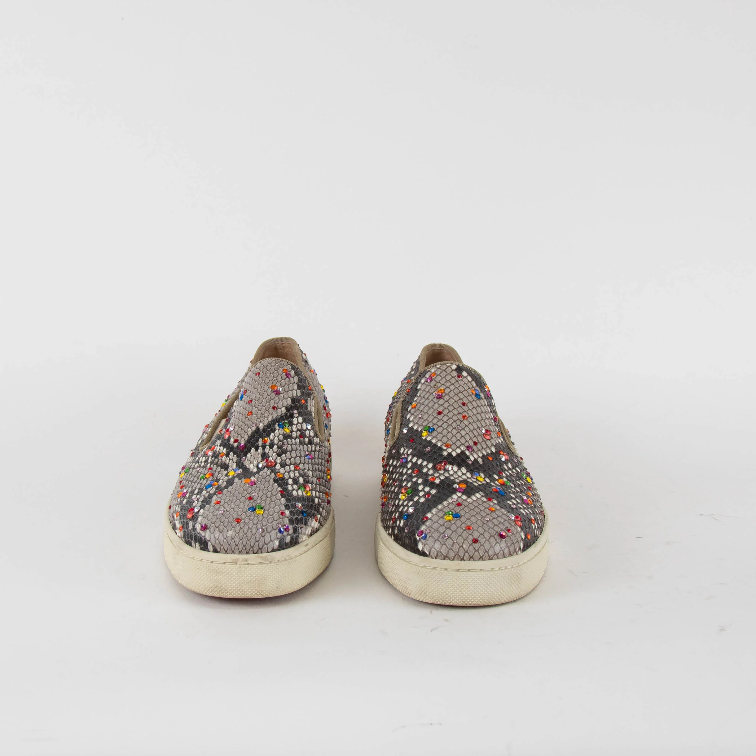 Christian Louboutin Beige Snake Skin Effect Diamante Boat Sneakers - Image 2