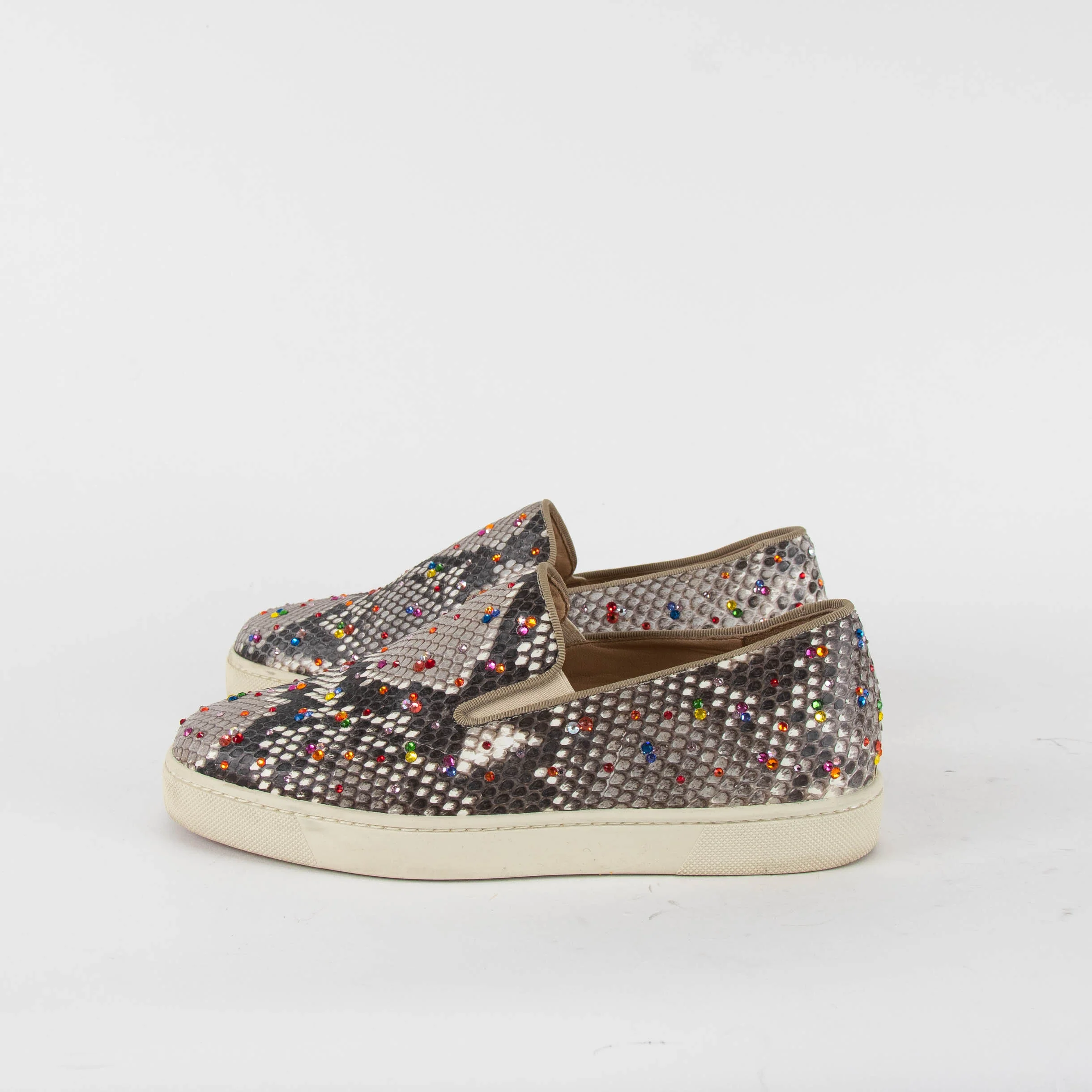 Christian Louboutin Beige Snake Skin Effect Diamante Boat Sneakers - Image 3