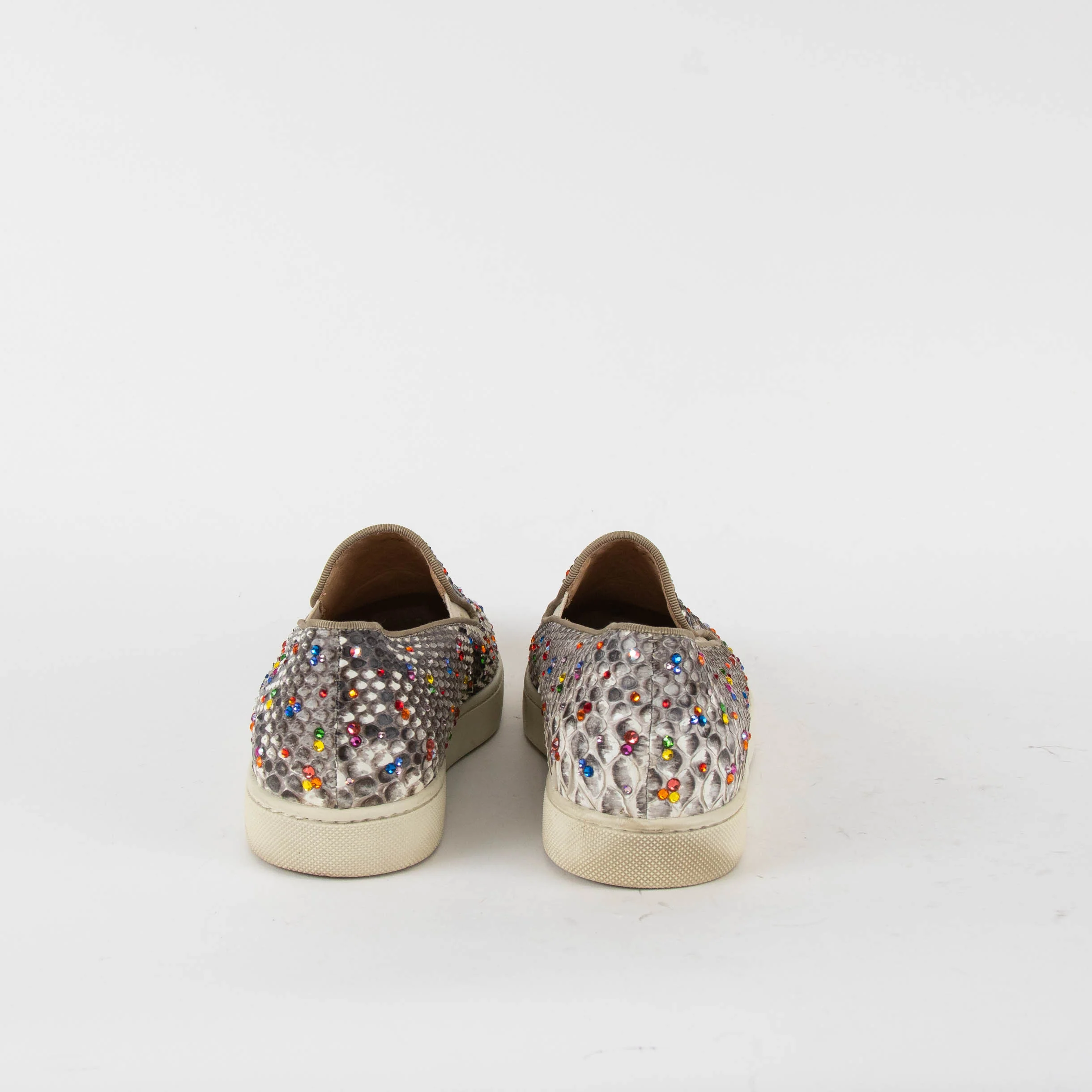 Christian Louboutin Beige Snake Skin Effect Diamante Boat Sneakers - Image 4