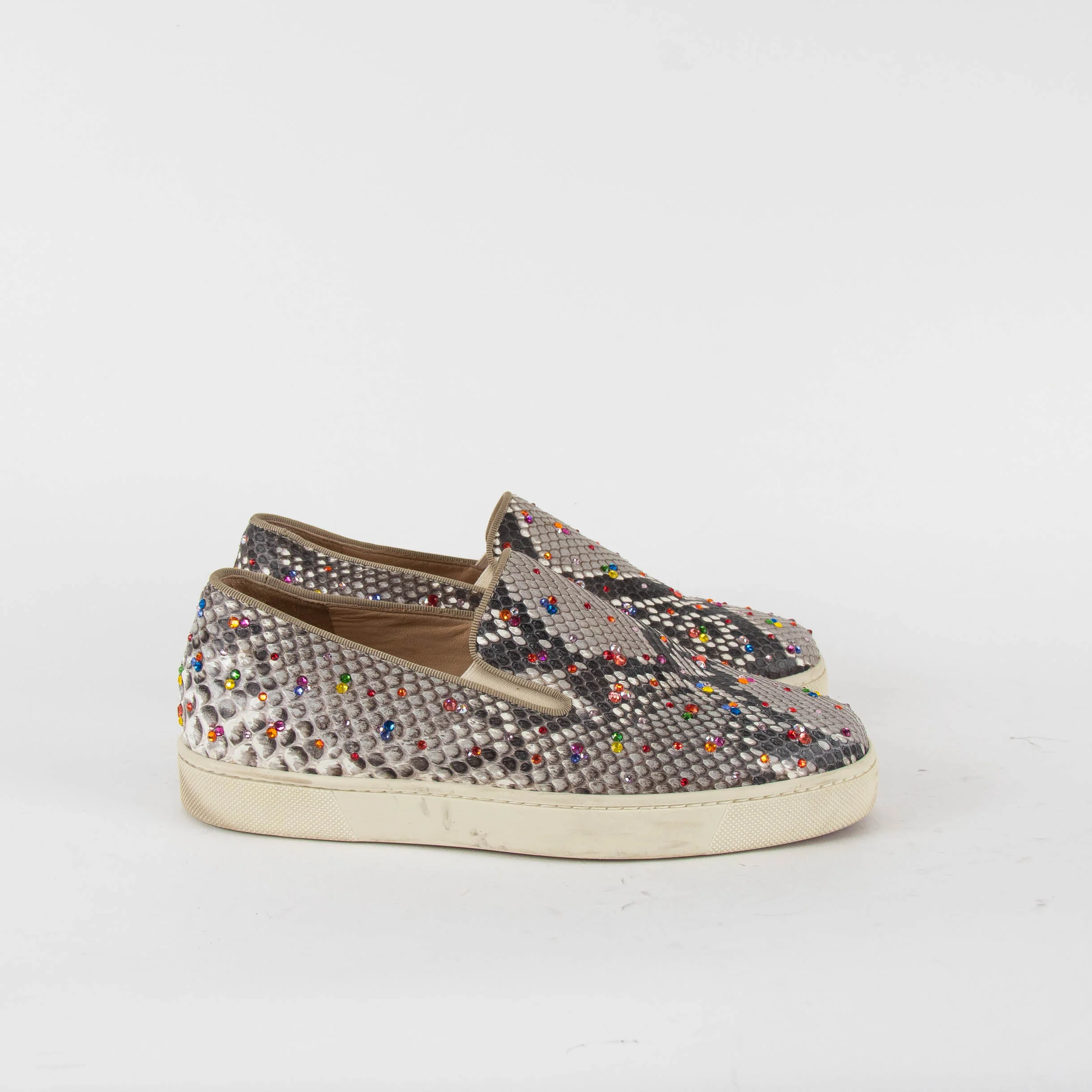 Christian Louboutin Beige Snake Skin Effect Diamante Boat Sneakers - Image 5