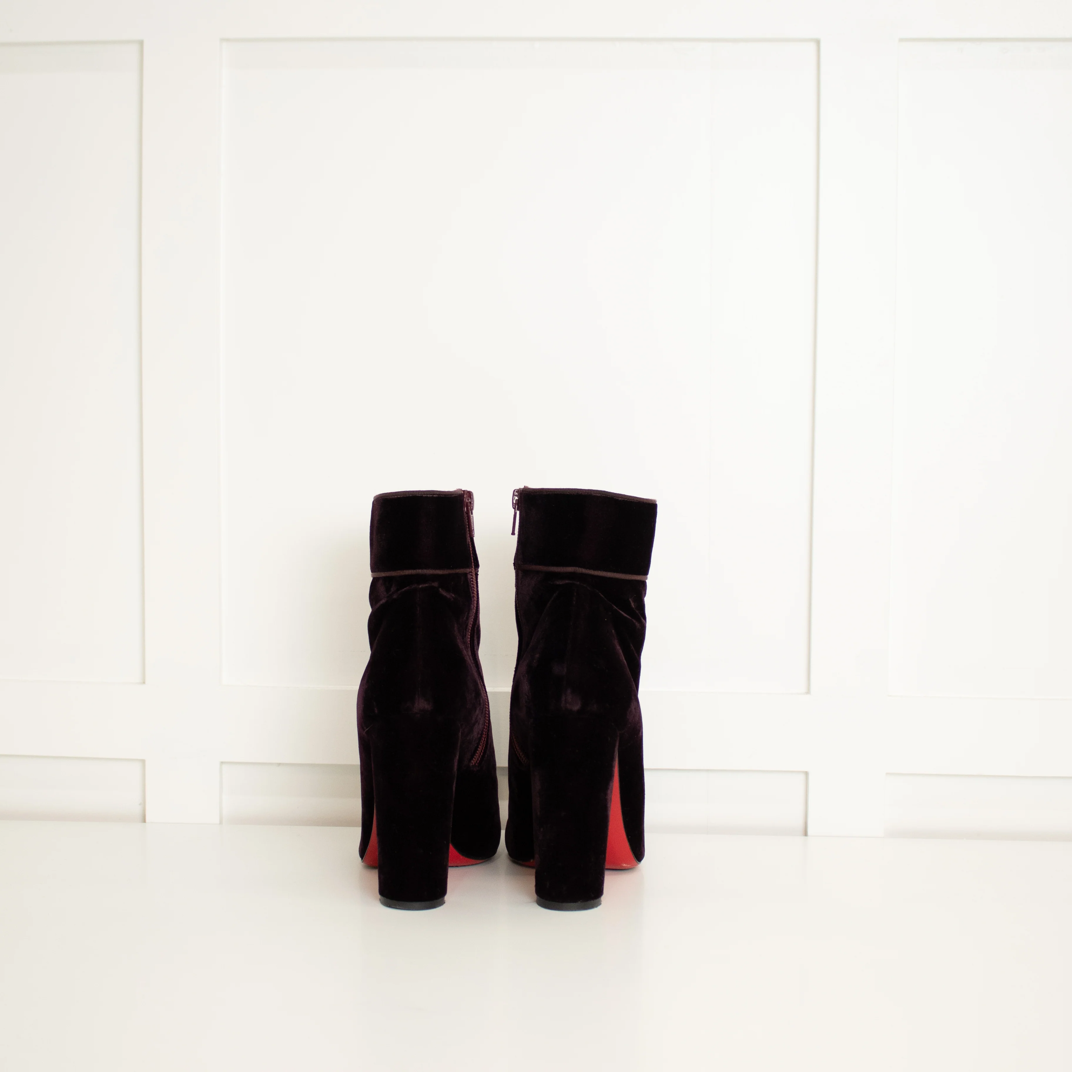 Christian Louboutin Dark Purple Velvet Block Heel Ankle Boots - Image 4