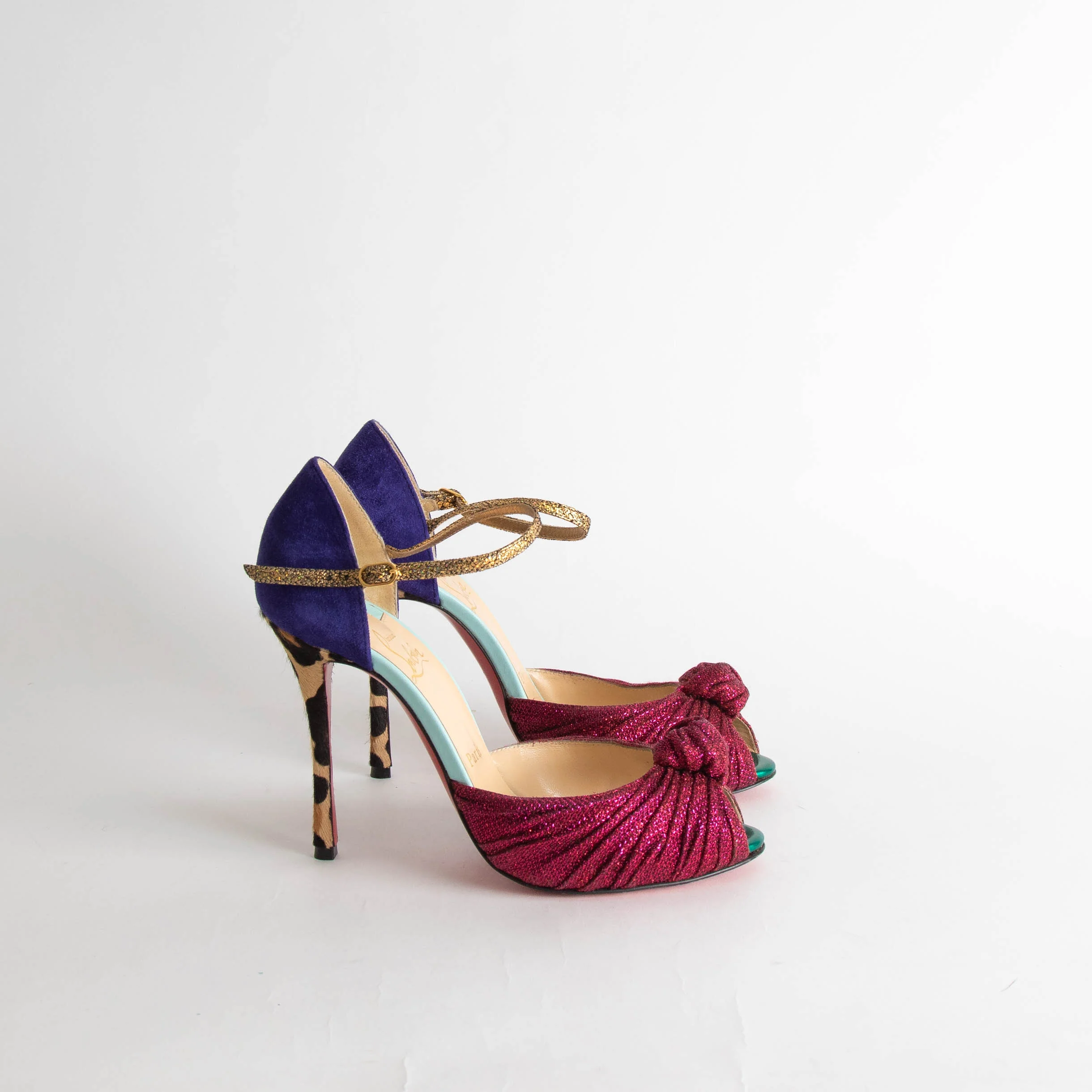 Christian Louboutin Pink Glitter Knot Animal Heeled Shoes - Image 5