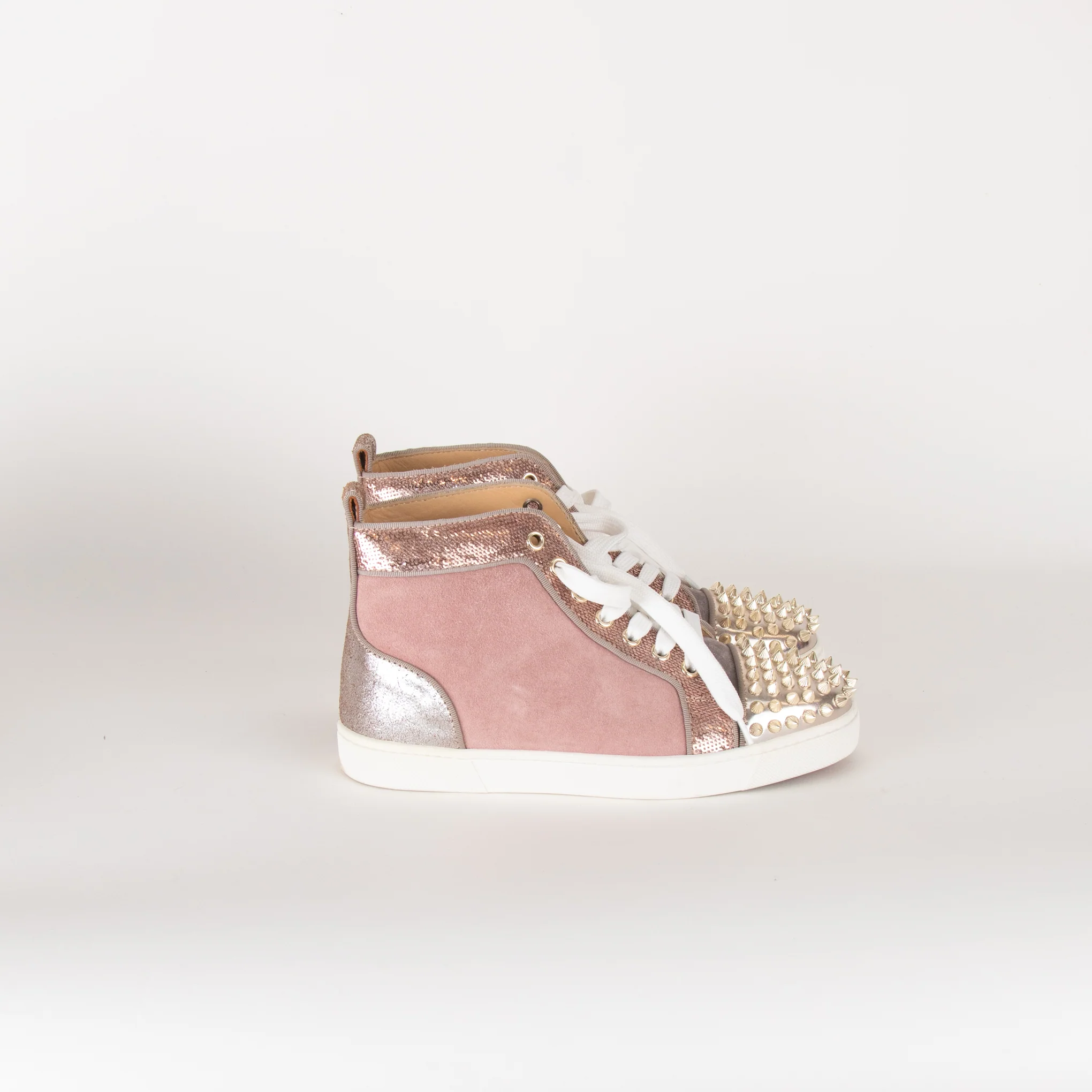 Christian Louboutin Pink Suede Studded Toe High Top Trainers - Image 3