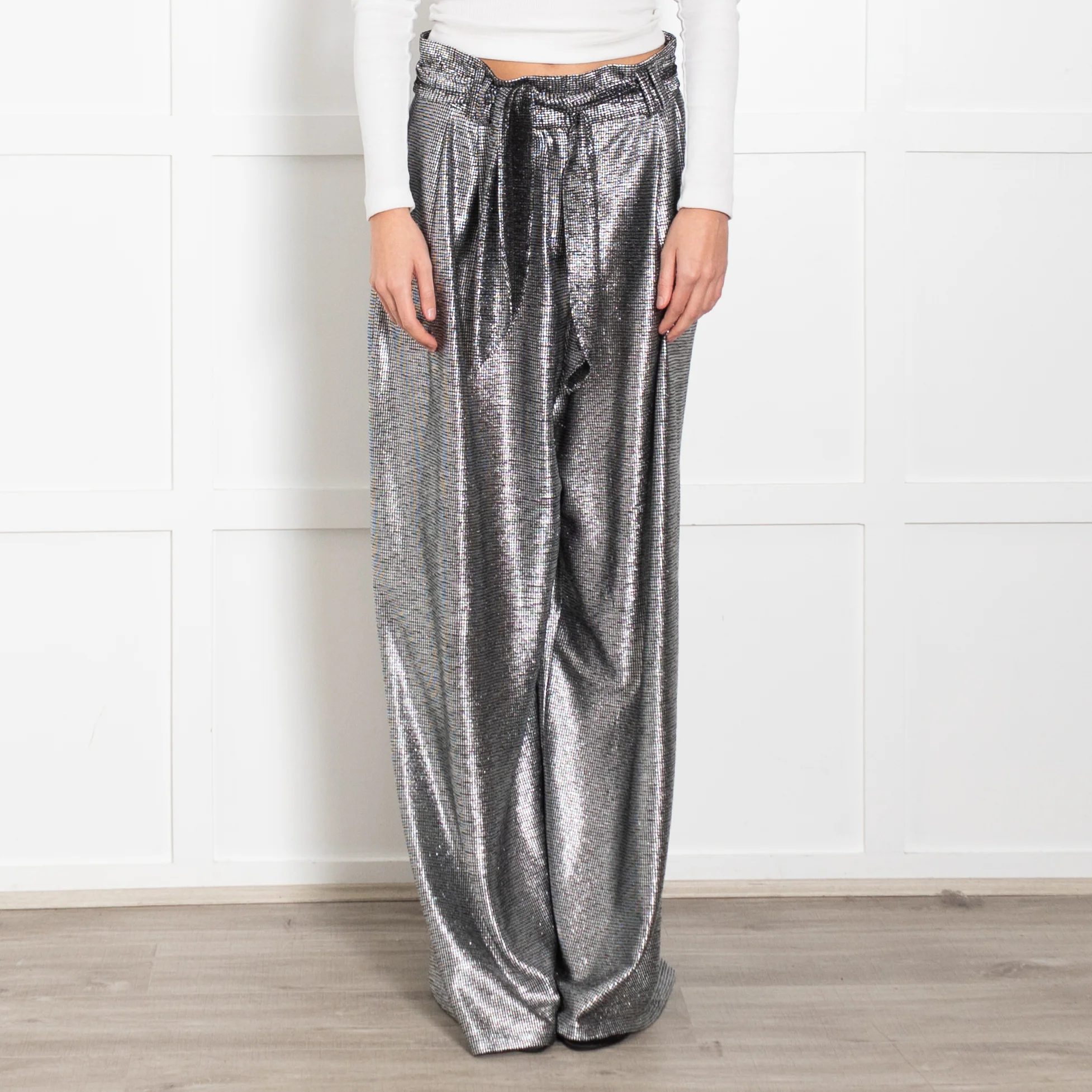 Christopher Kane Black Silver Lame Effect Belted Wide Leg Trousers - Image 2