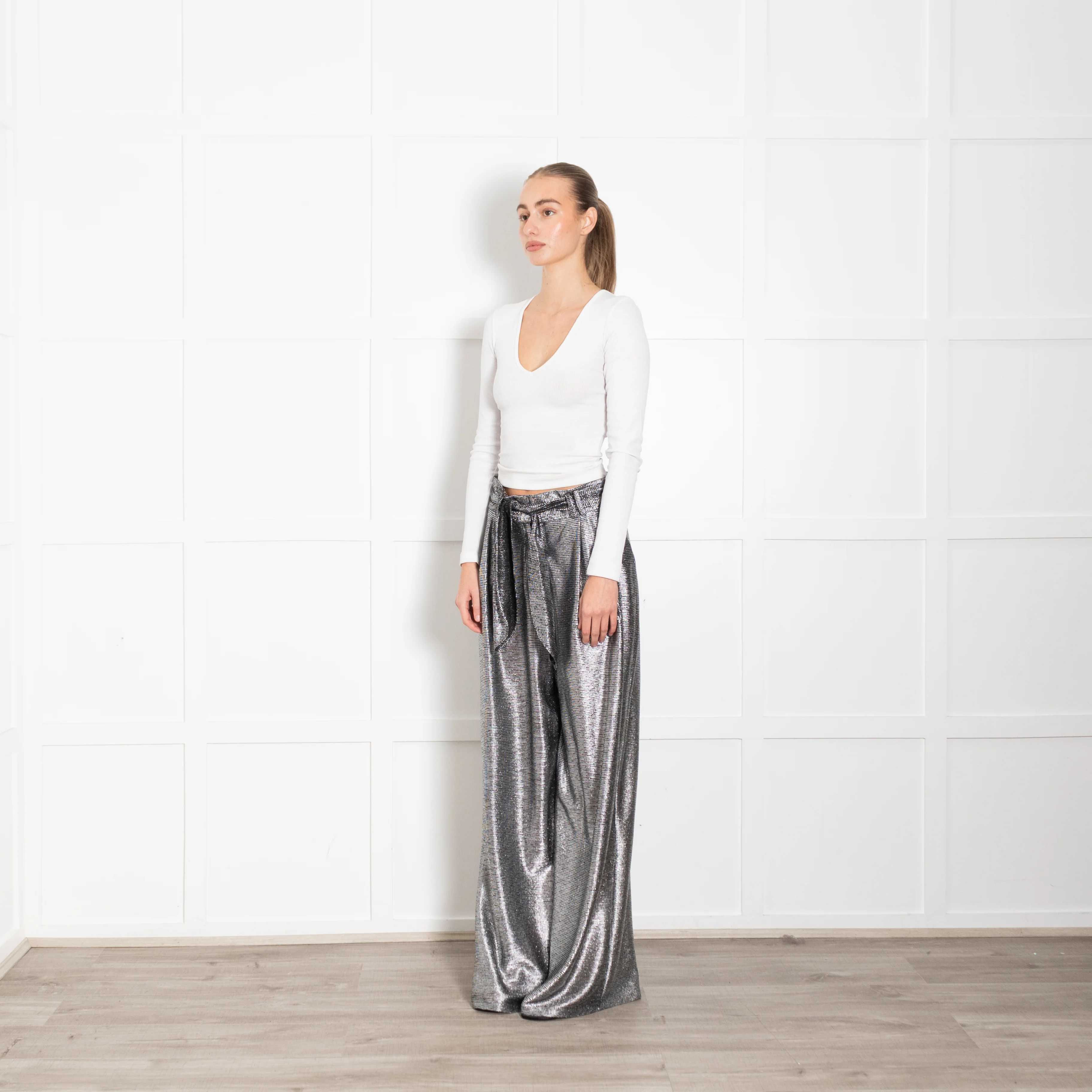 Christopher Kane Black Silver Lame Effect Belted Wide Leg Trousers - Image 3