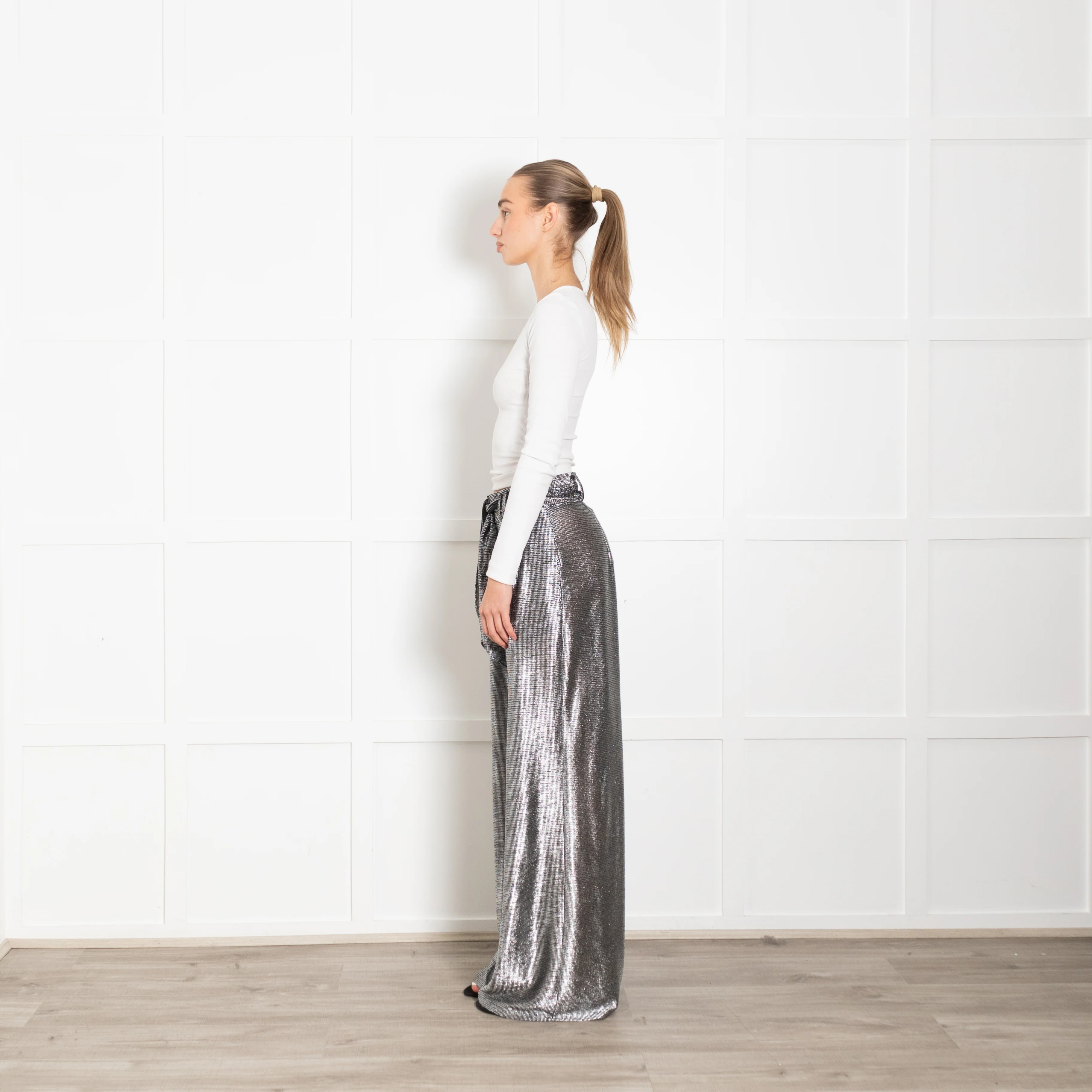 Christopher Kane Black Silver Lame Effect Belted Wide Leg Trousers - Image 4