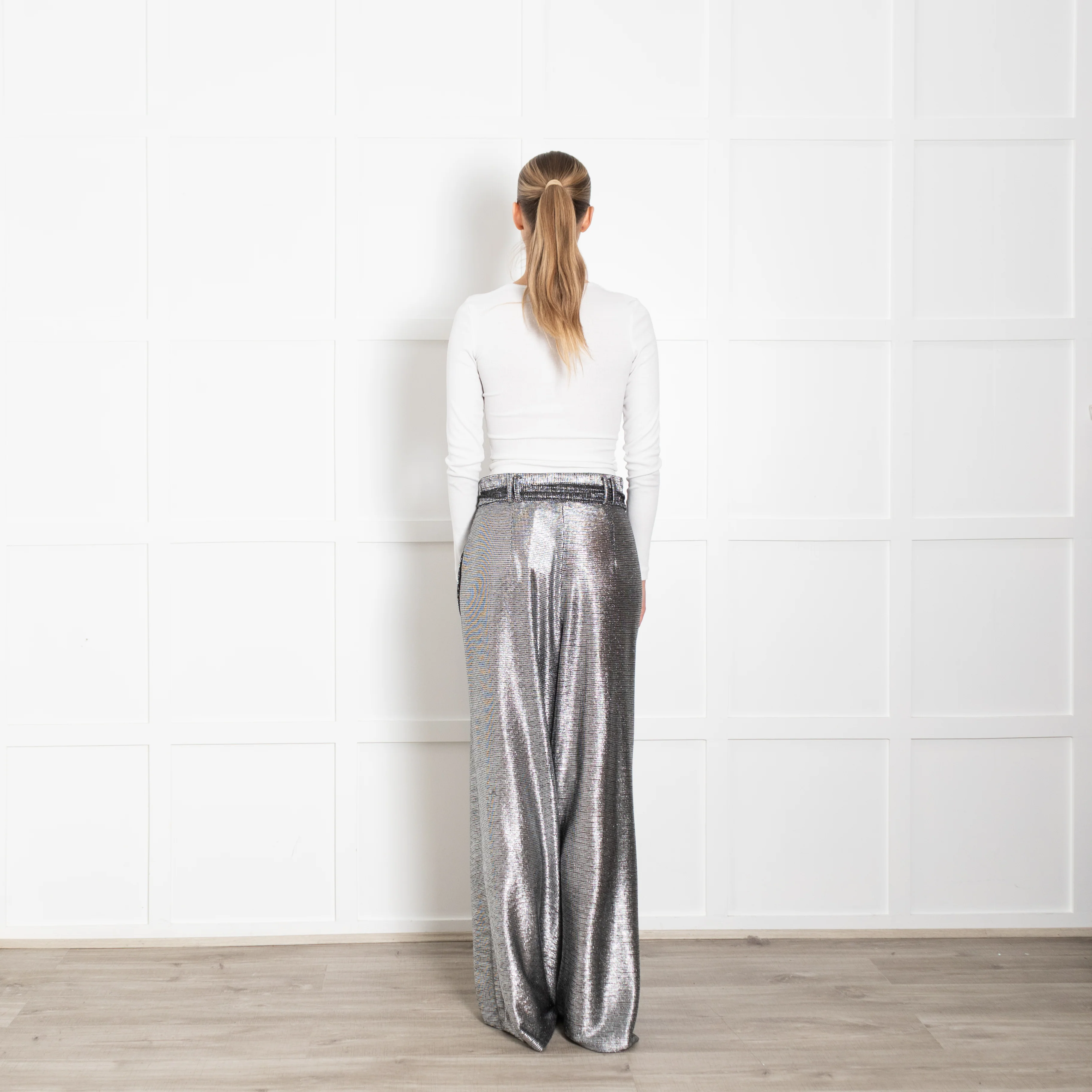 Christopher Kane Black Silver Lame Effect Belted Wide Leg Trousers - Image 5