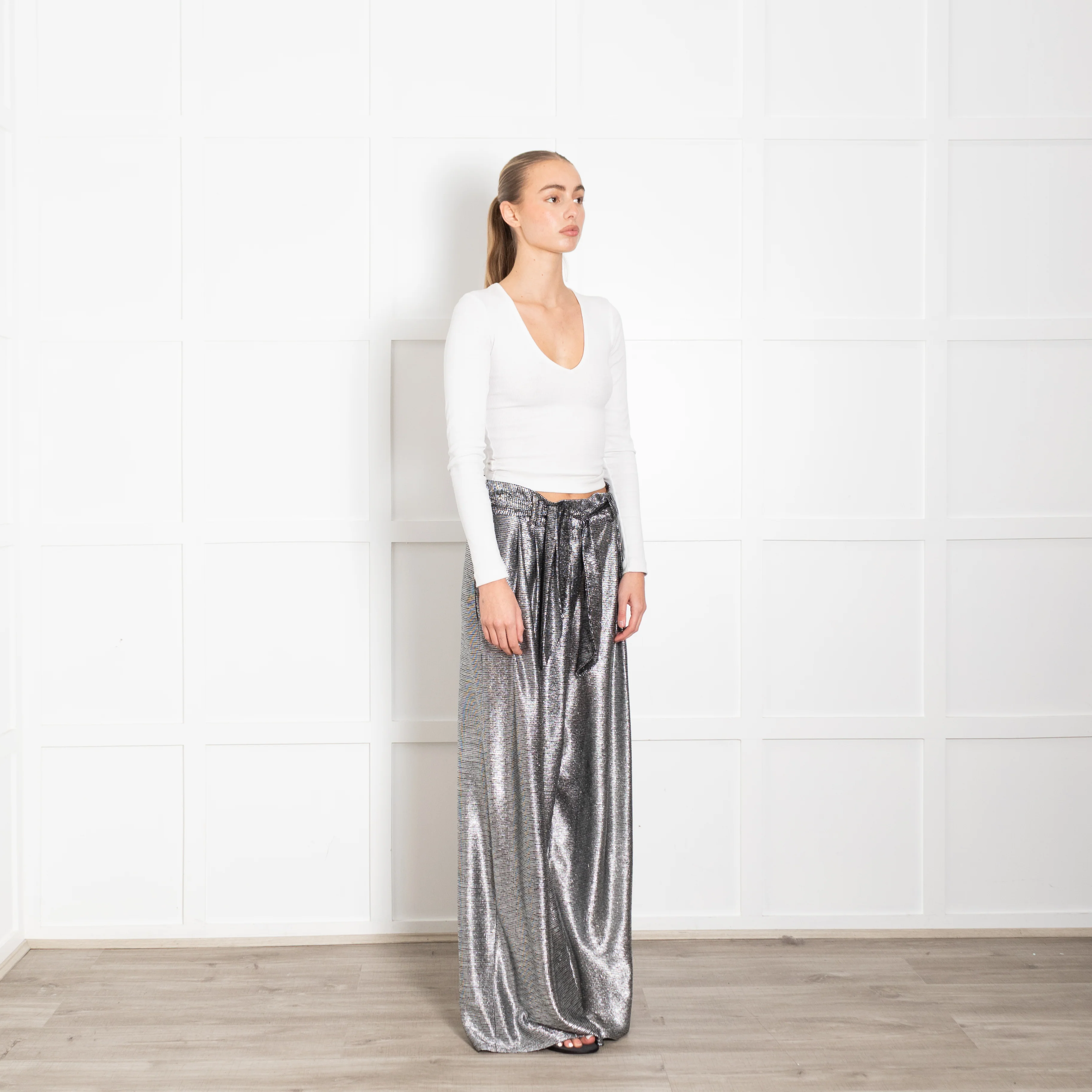Christopher Kane Black Silver Lame Effect Belted Wide Leg Trousers - Image 7