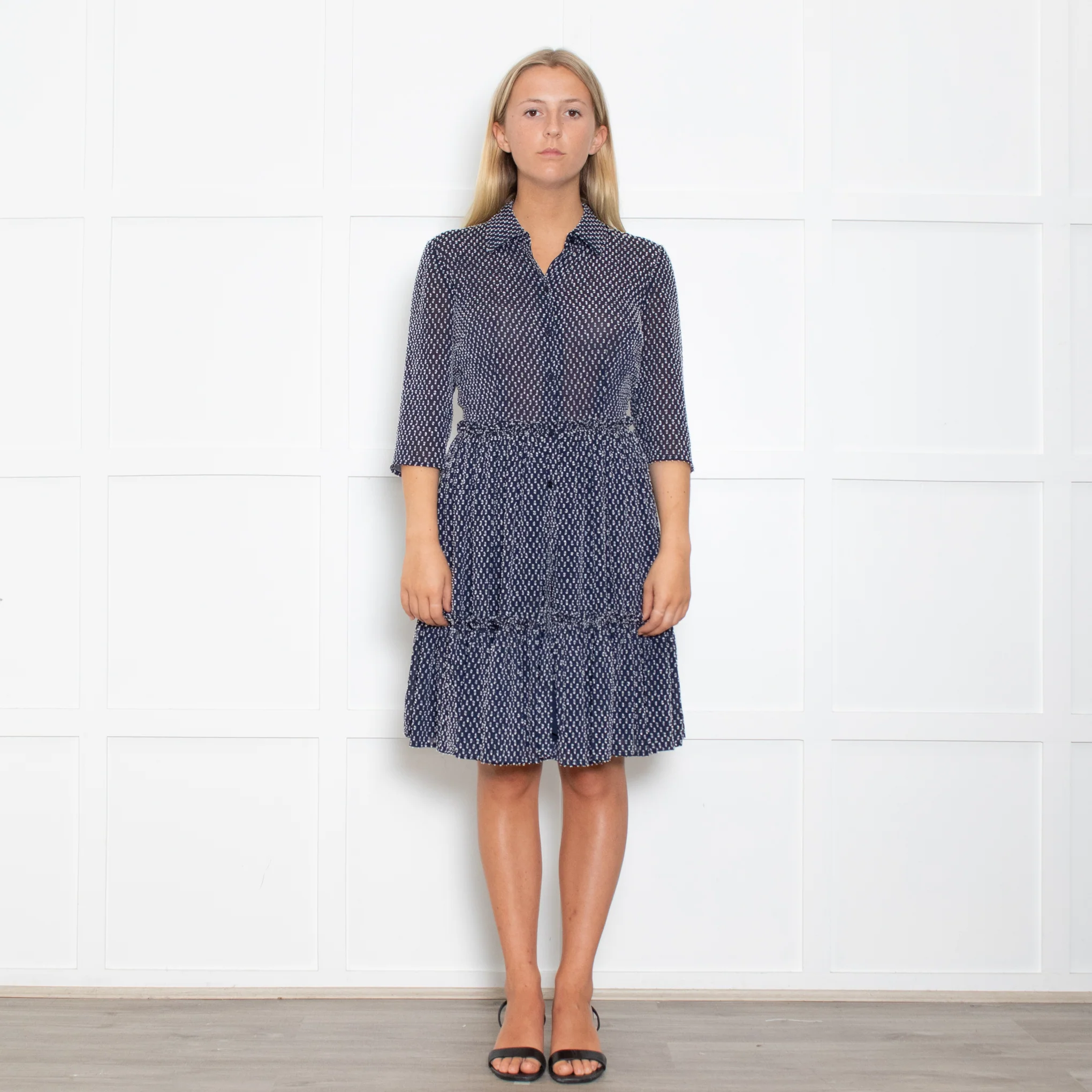 Claudie Pierlot Navy And White Small Print Tiered Dress