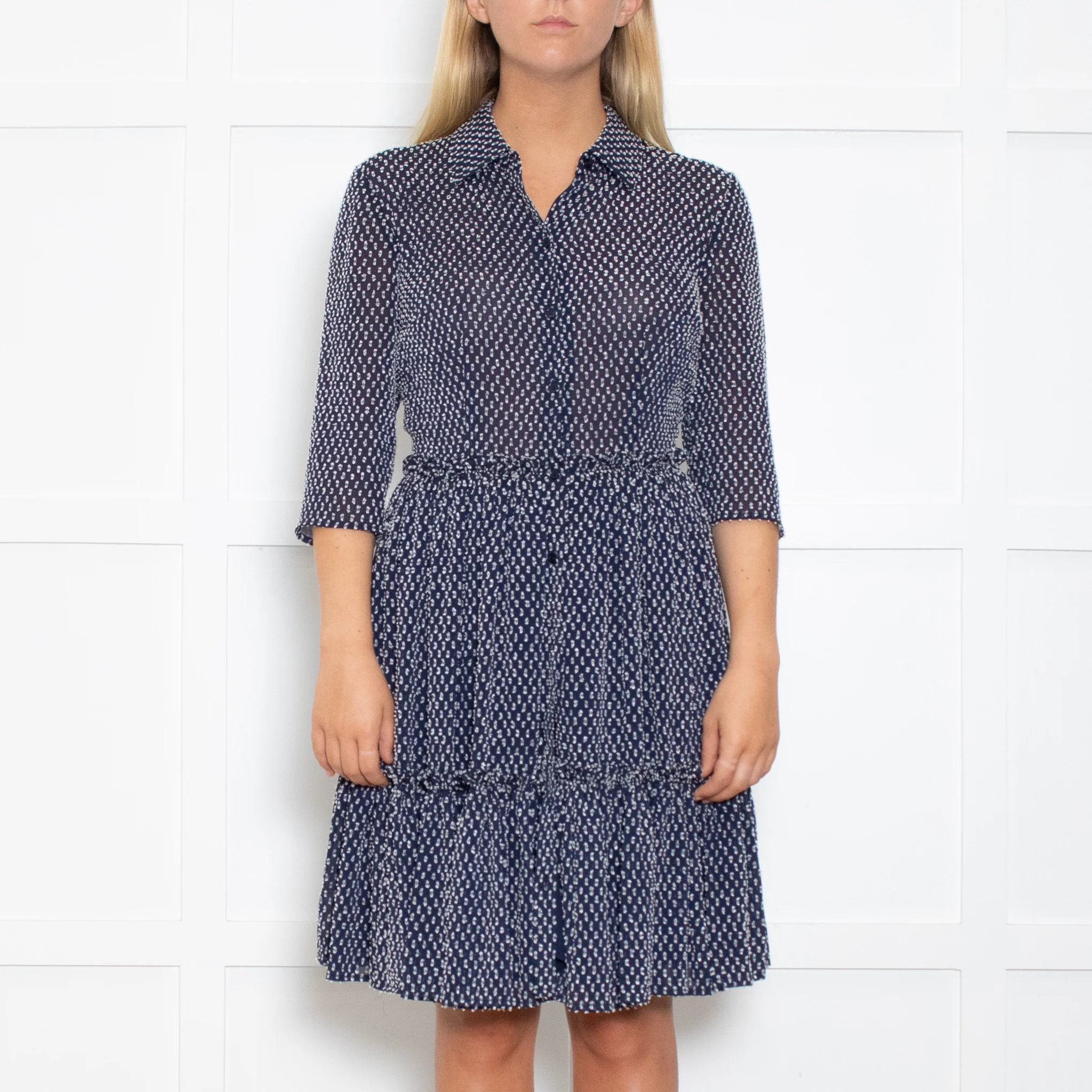 Claudie Pierlot Navy And White Small Print Tiered Dress - Image 2