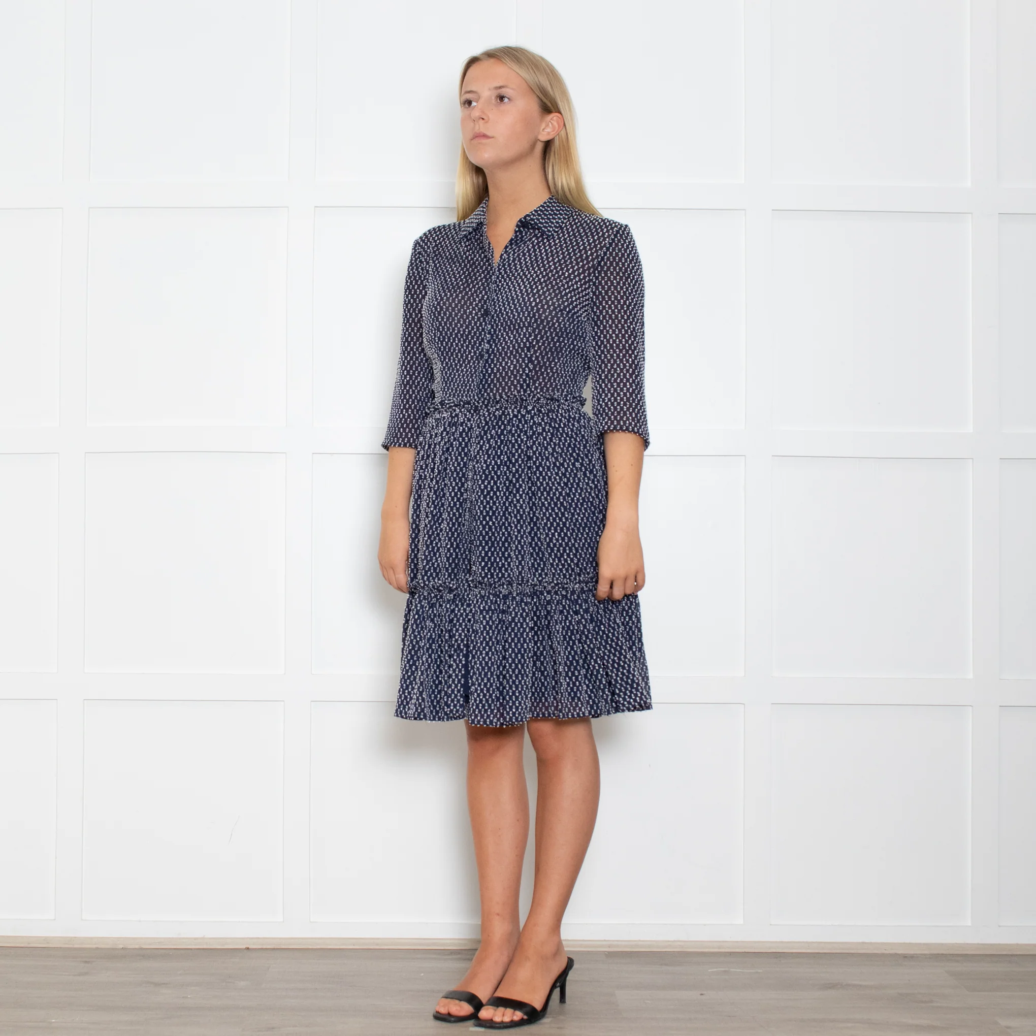 Claudie Pierlot Navy And White Small Print Tiered Dress - Image 3
