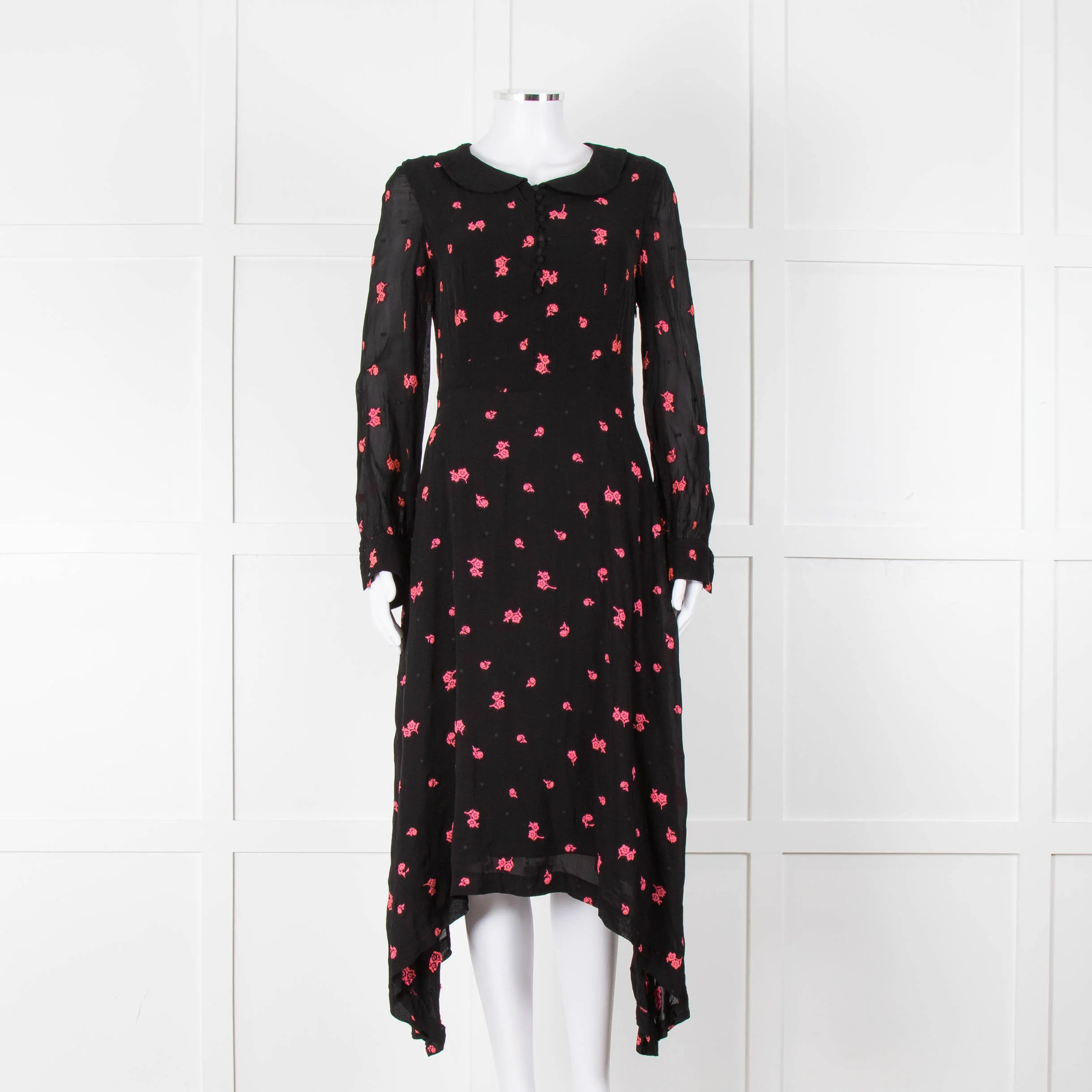 Claudie Pierlot Black Pink Floral Long Sleeve Asymmetric Bottom Dress