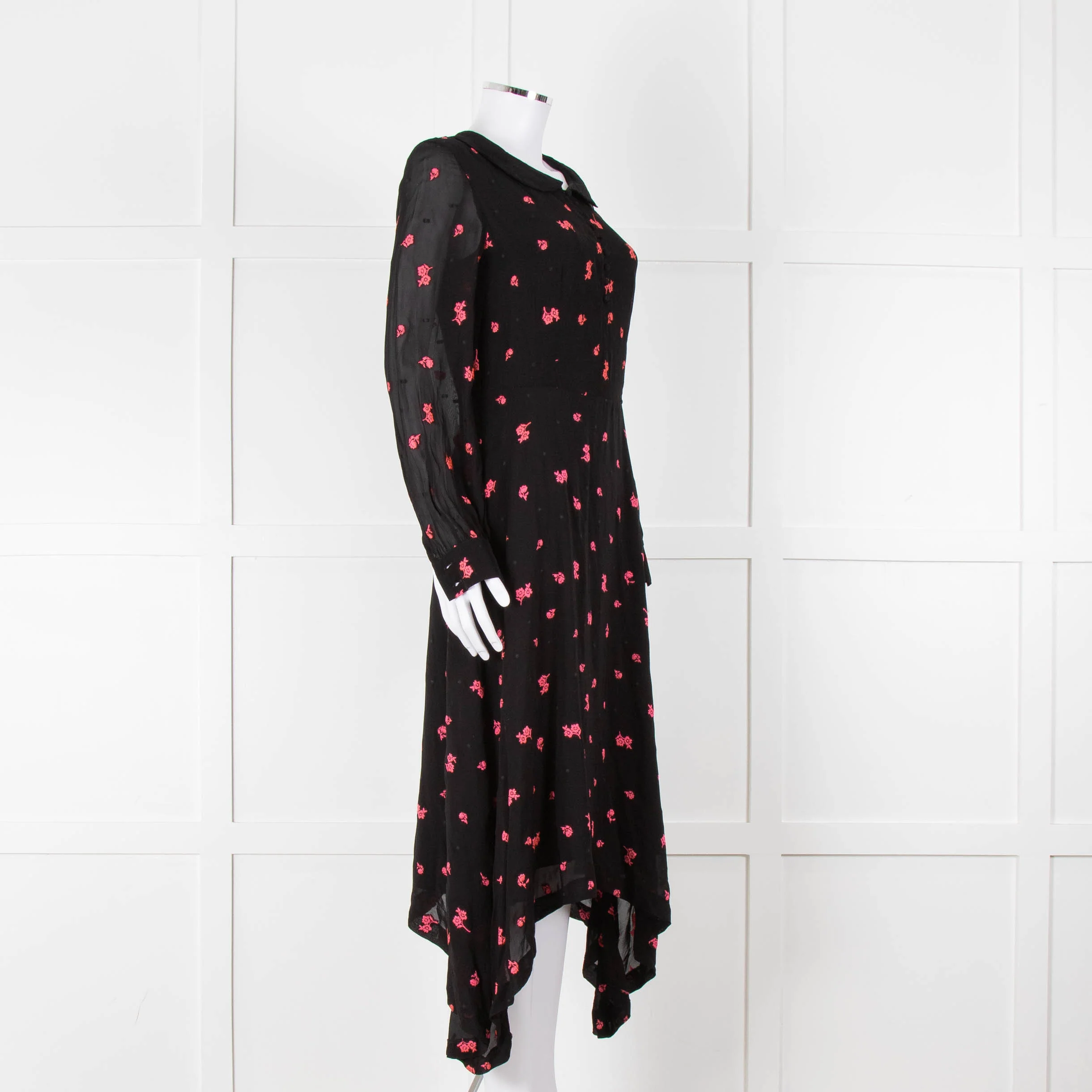 Claudie Pierlot Black Pink Floral Long Sleeve Asymmetric Bottom Dress - Image 2