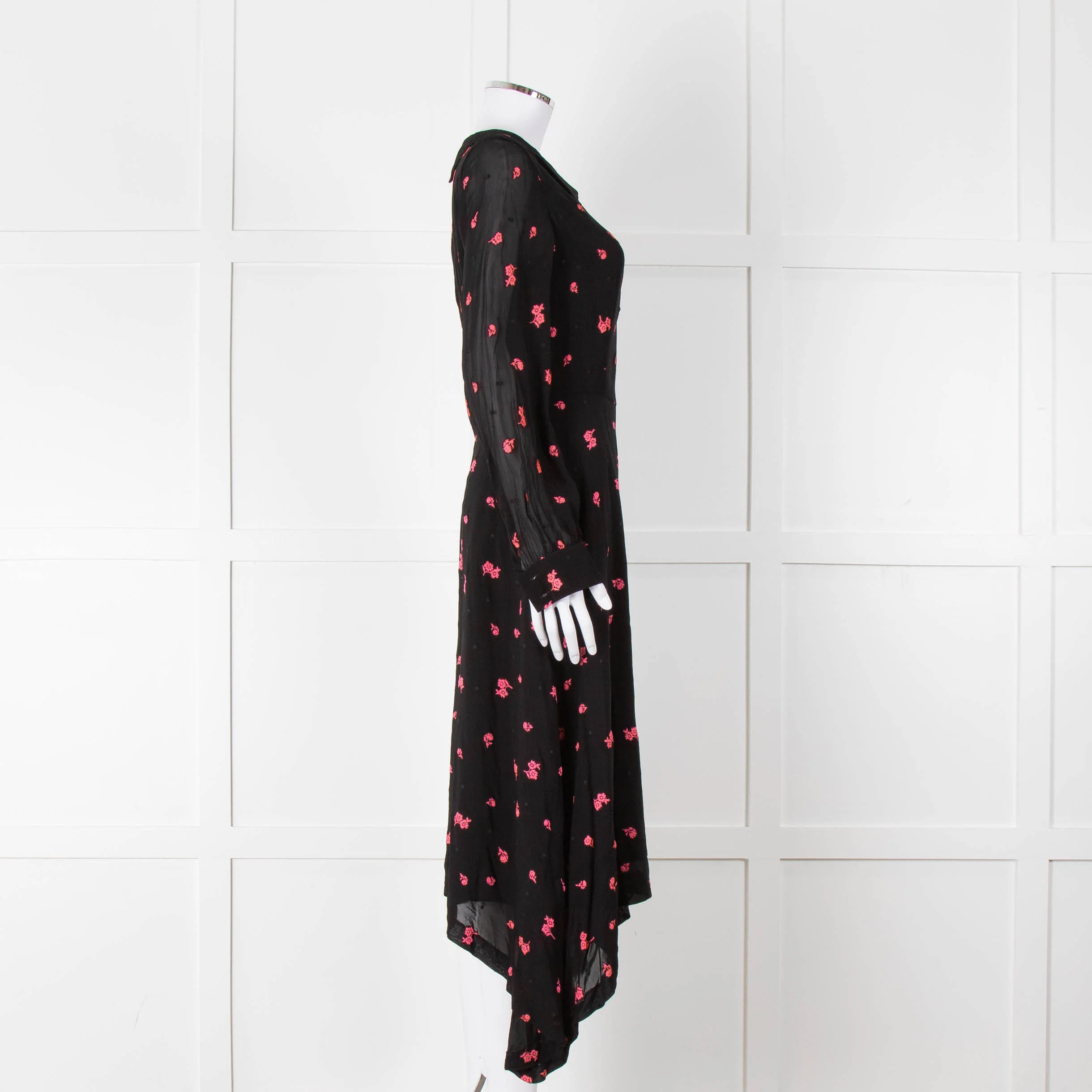 Claudie Pierlot Black Pink Floral Long Sleeve Asymmetric Bottom Dress - Image 3