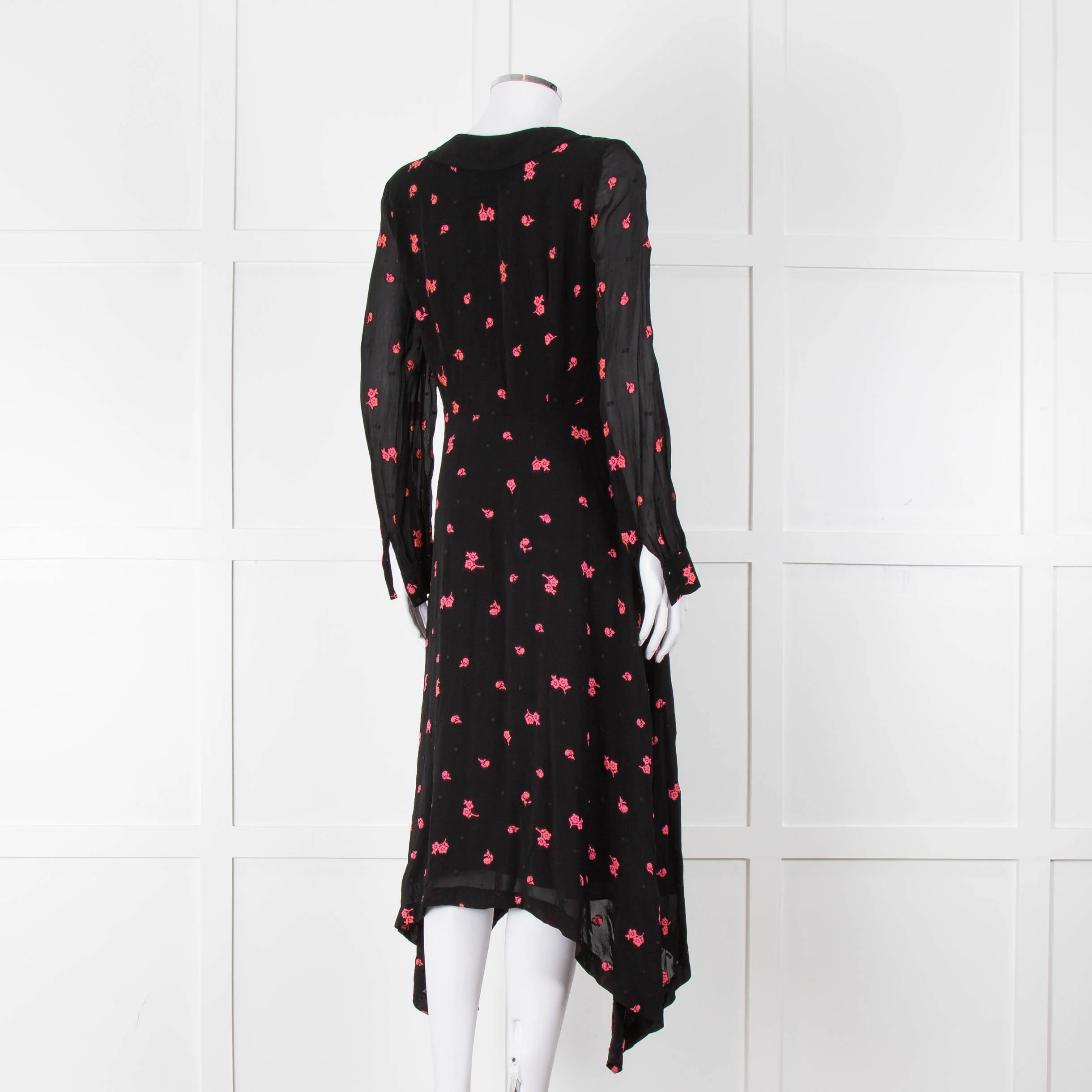 Claudie Pierlot Black Pink Floral Long Sleeve Asymmetric Bottom Dress - Image 4