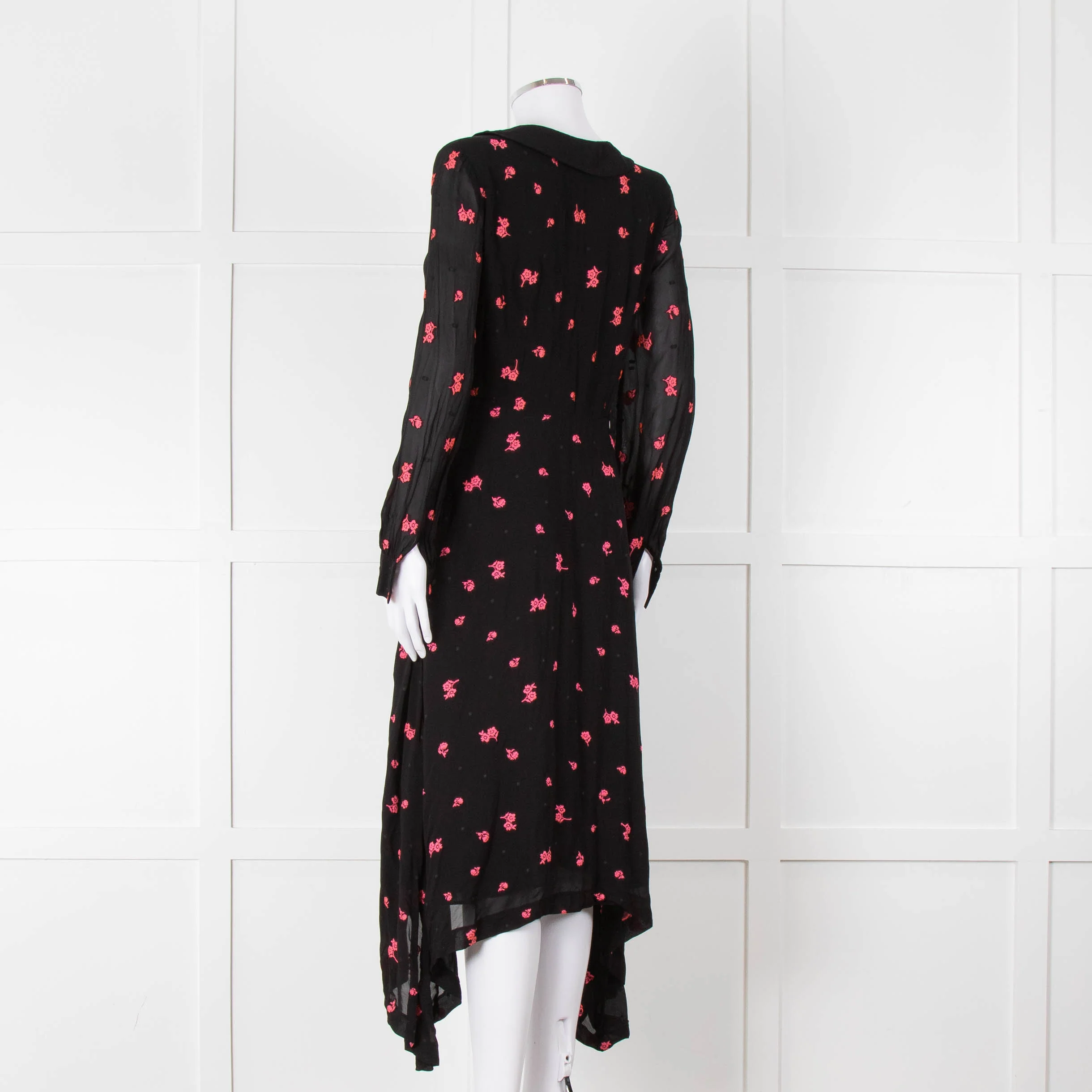 Claudie Pierlot Black Pink Floral Long Sleeve Asymmetric Bottom Dress - Image 6