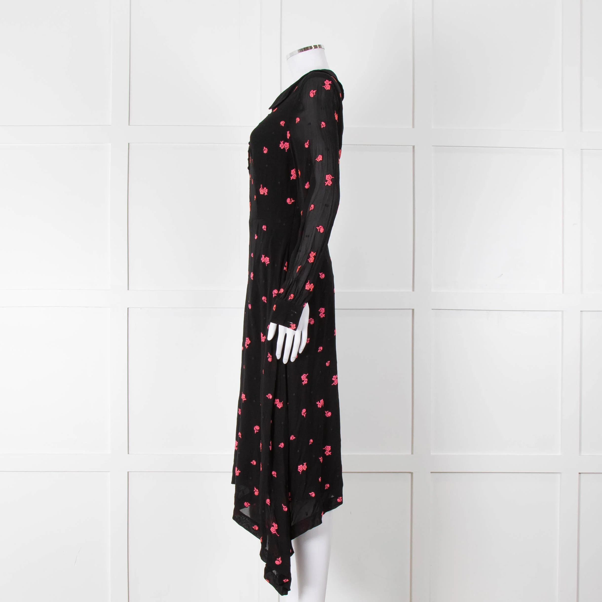 Claudie Pierlot Black Pink Floral Long Sleeve Asymmetric Bottom Dress - Image 7