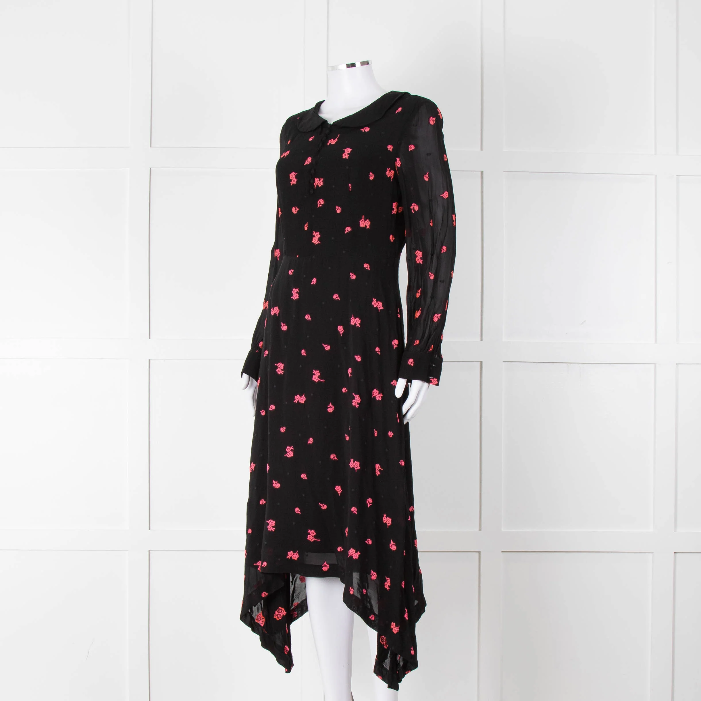 Claudie Pierlot Black Pink Floral Long Sleeve Asymmetric Bottom Dress - Image 8