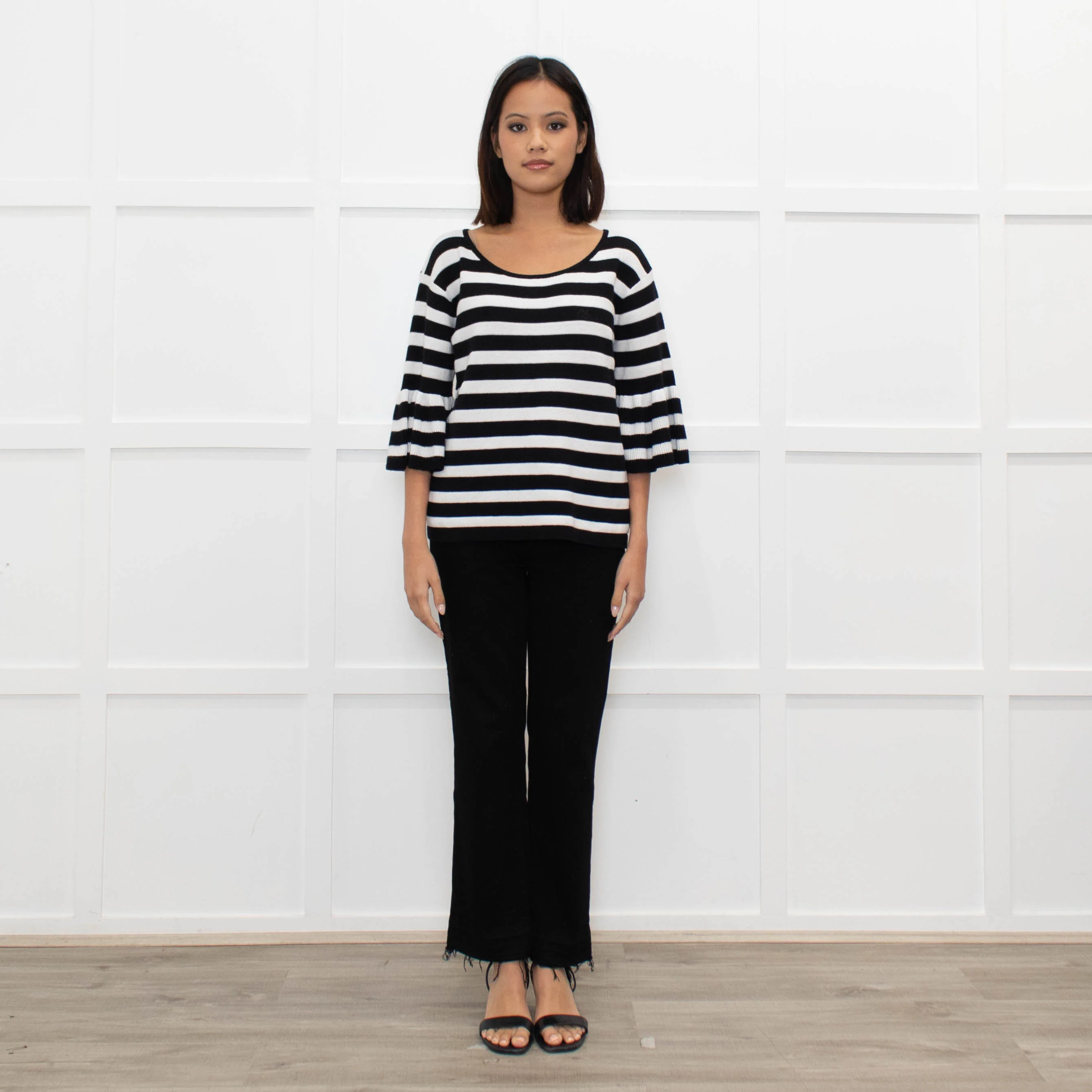 Claudie Pierlot Black White Striped Frill Sleeve Top