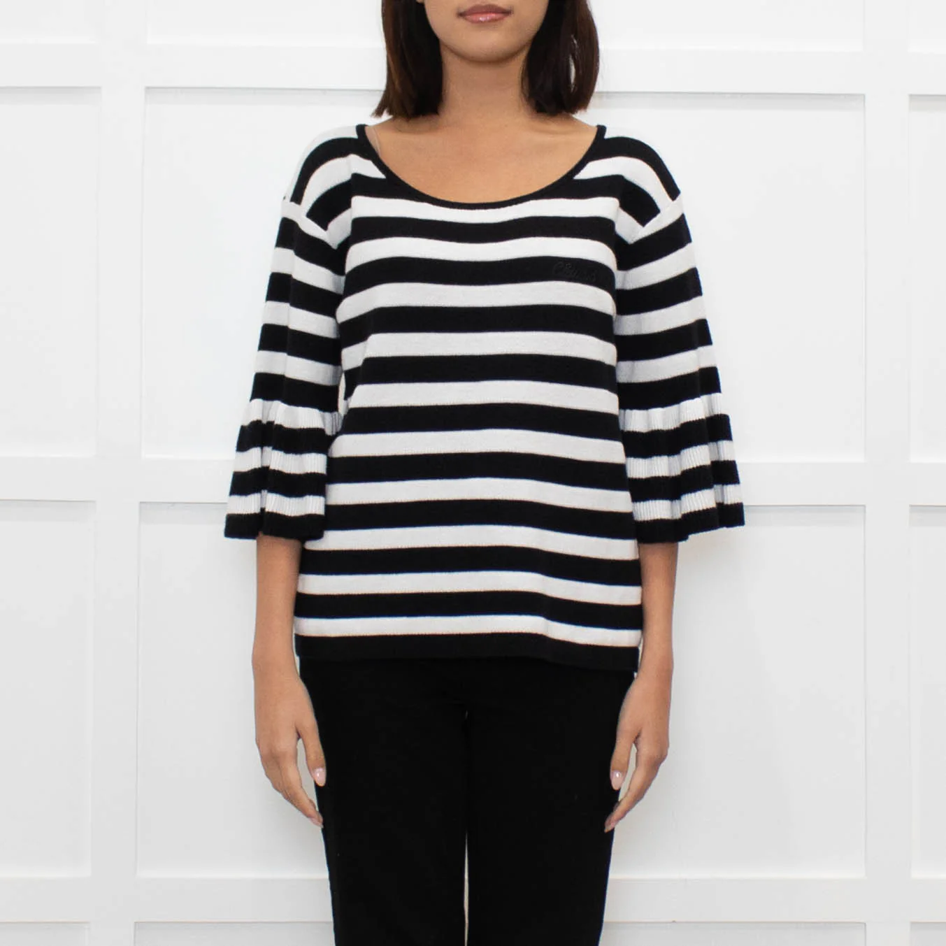 Claudie Pierlot Black White Striped Frill Sleeve Top - Image 2
