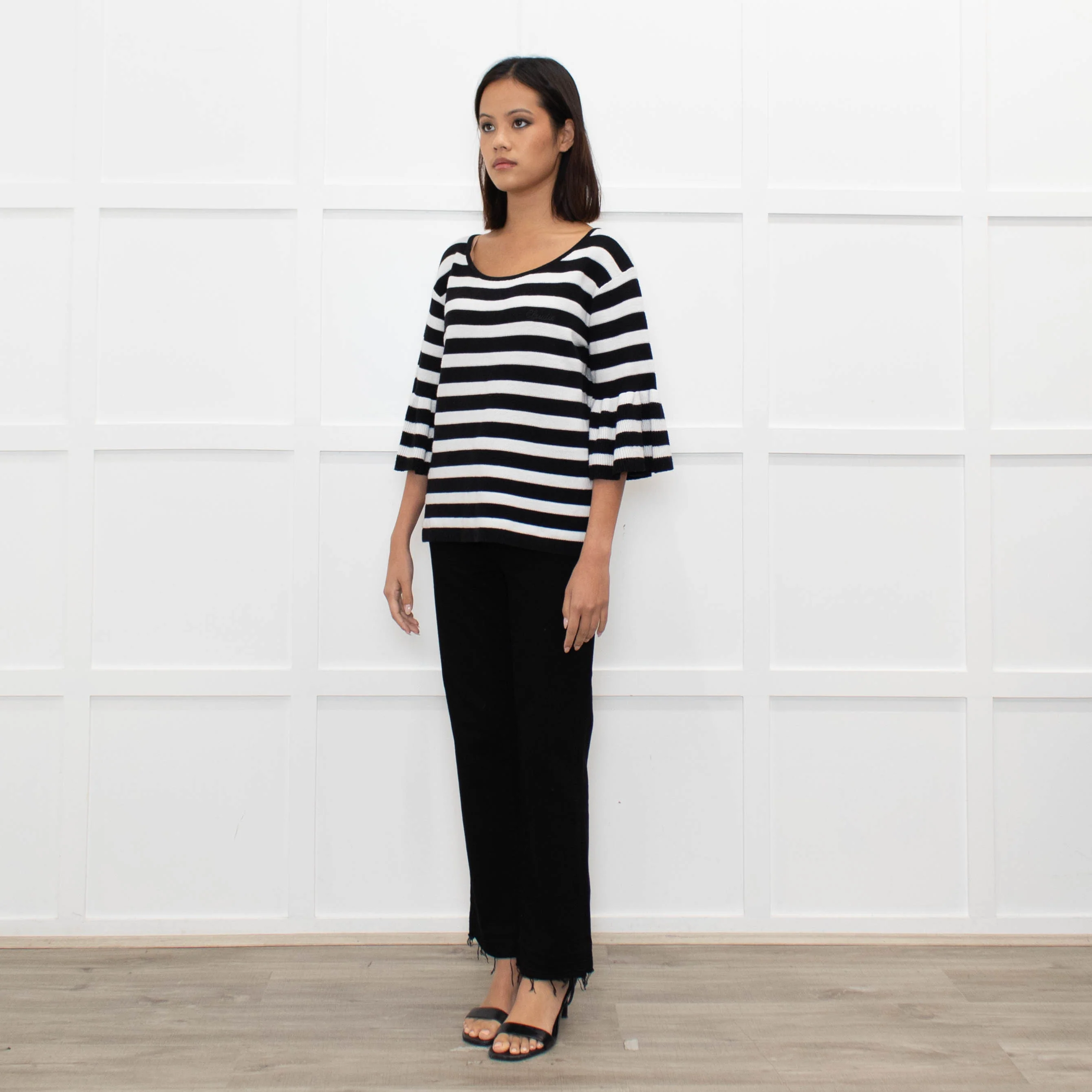 Claudie Pierlot Black White Striped Frill Sleeve Top - Image 7