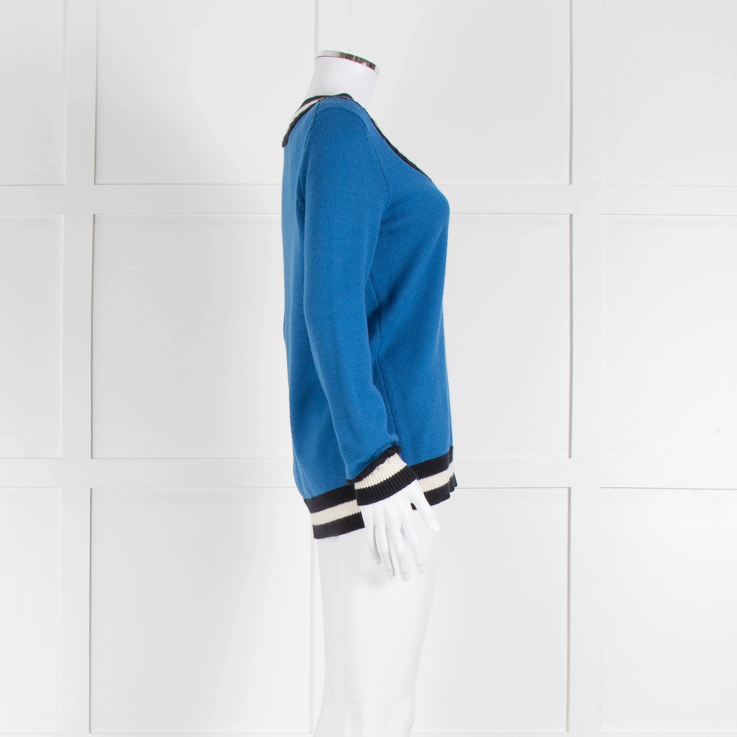 Claudie Pierlot Blue V Neck Jumper With Stripe Detail - Image 3