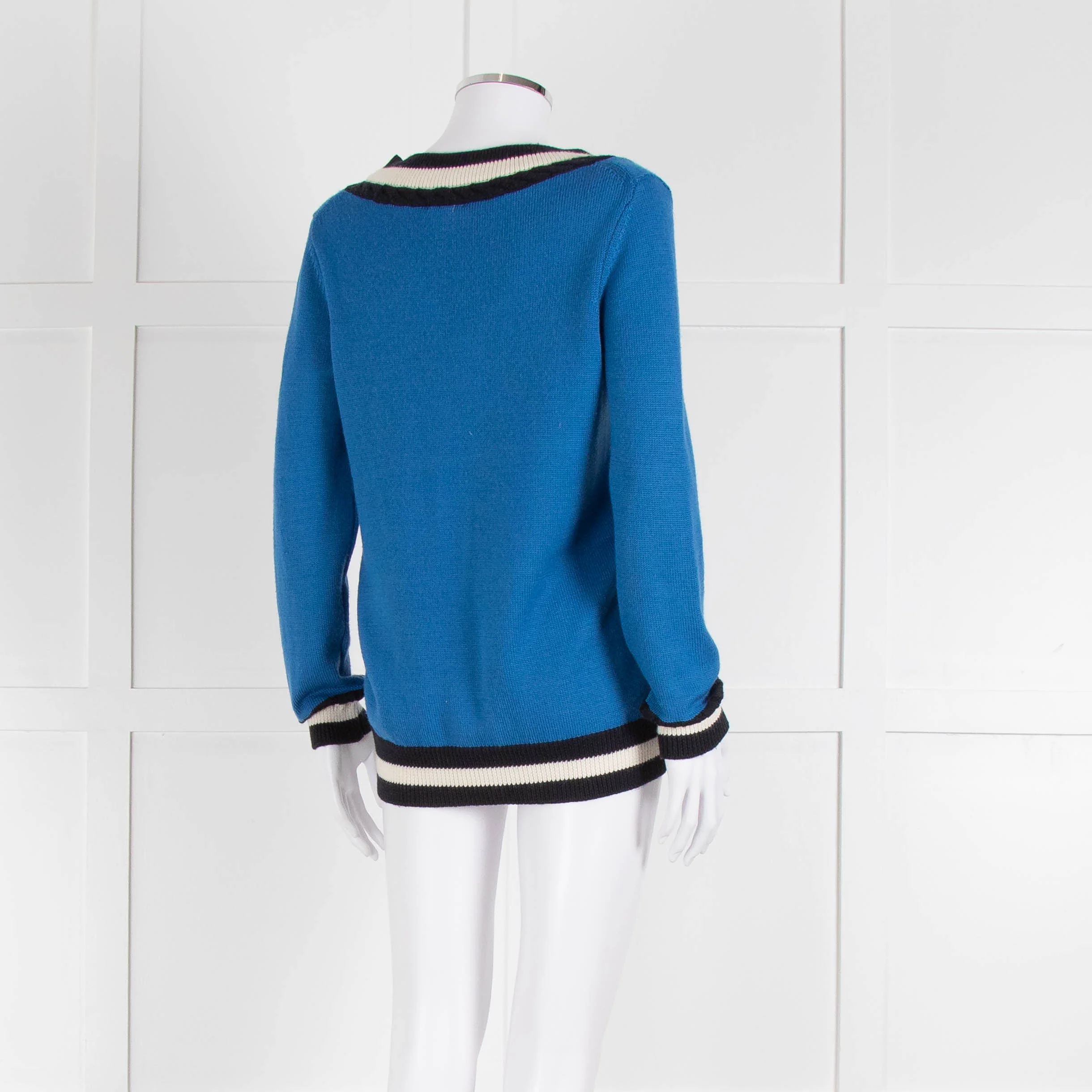 Claudie Pierlot Blue V Neck Jumper With Stripe Detail - Image 4