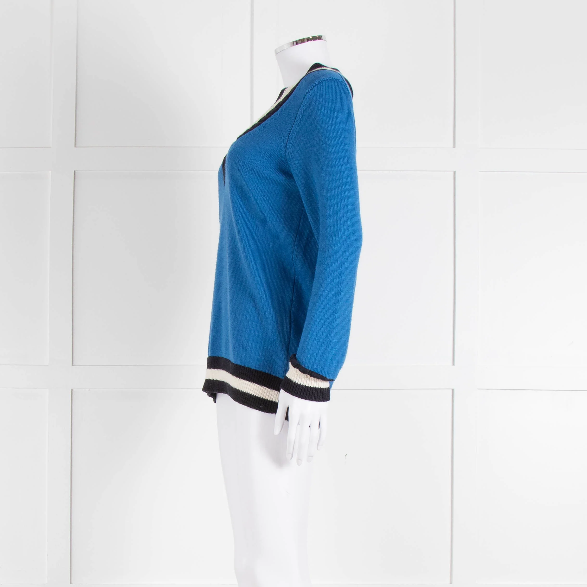 Claudie Pierlot Blue V Neck Jumper With Stripe Detail - Image 7