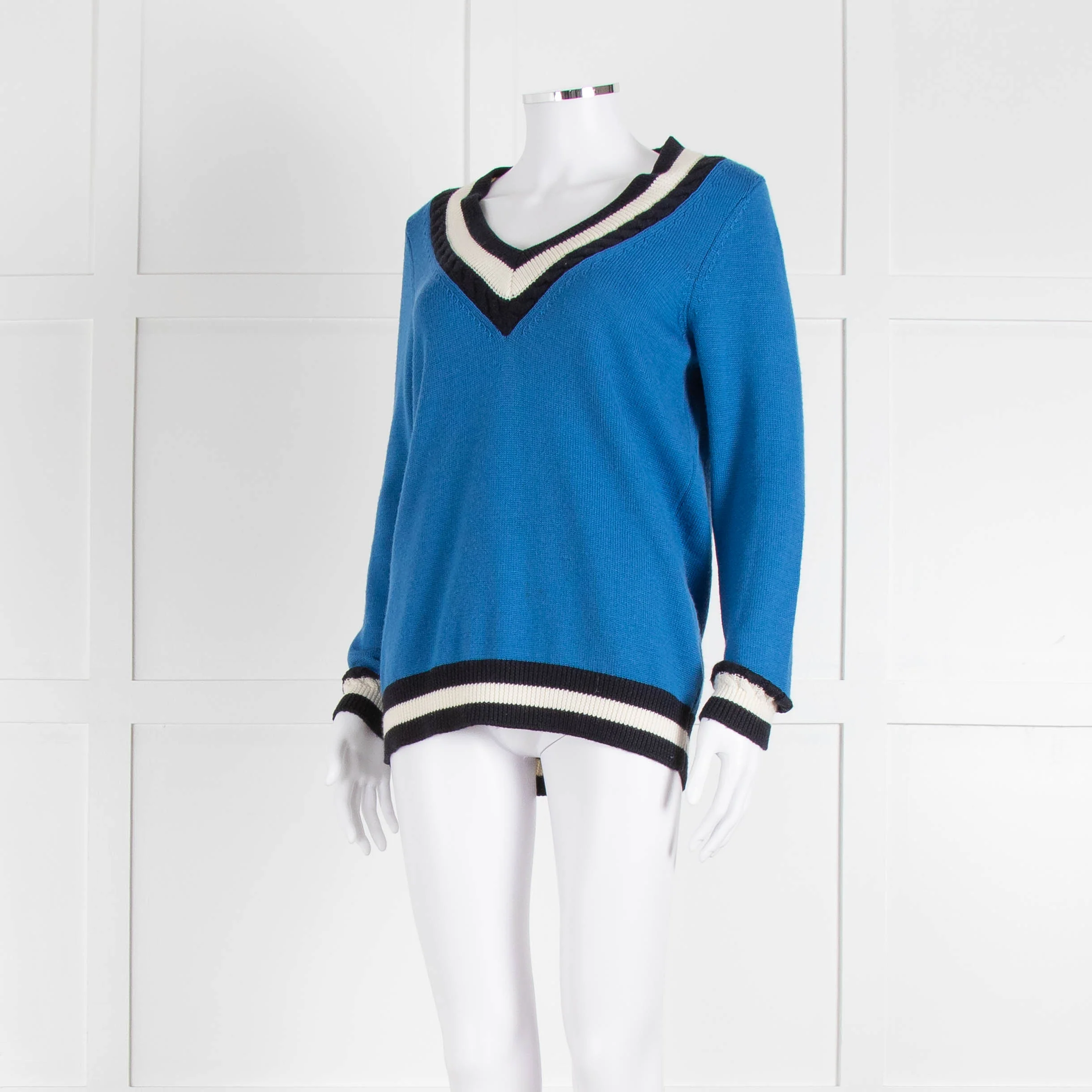 Claudie Pierlot Blue V Neck Jumper With Stripe Detail - Image 8
