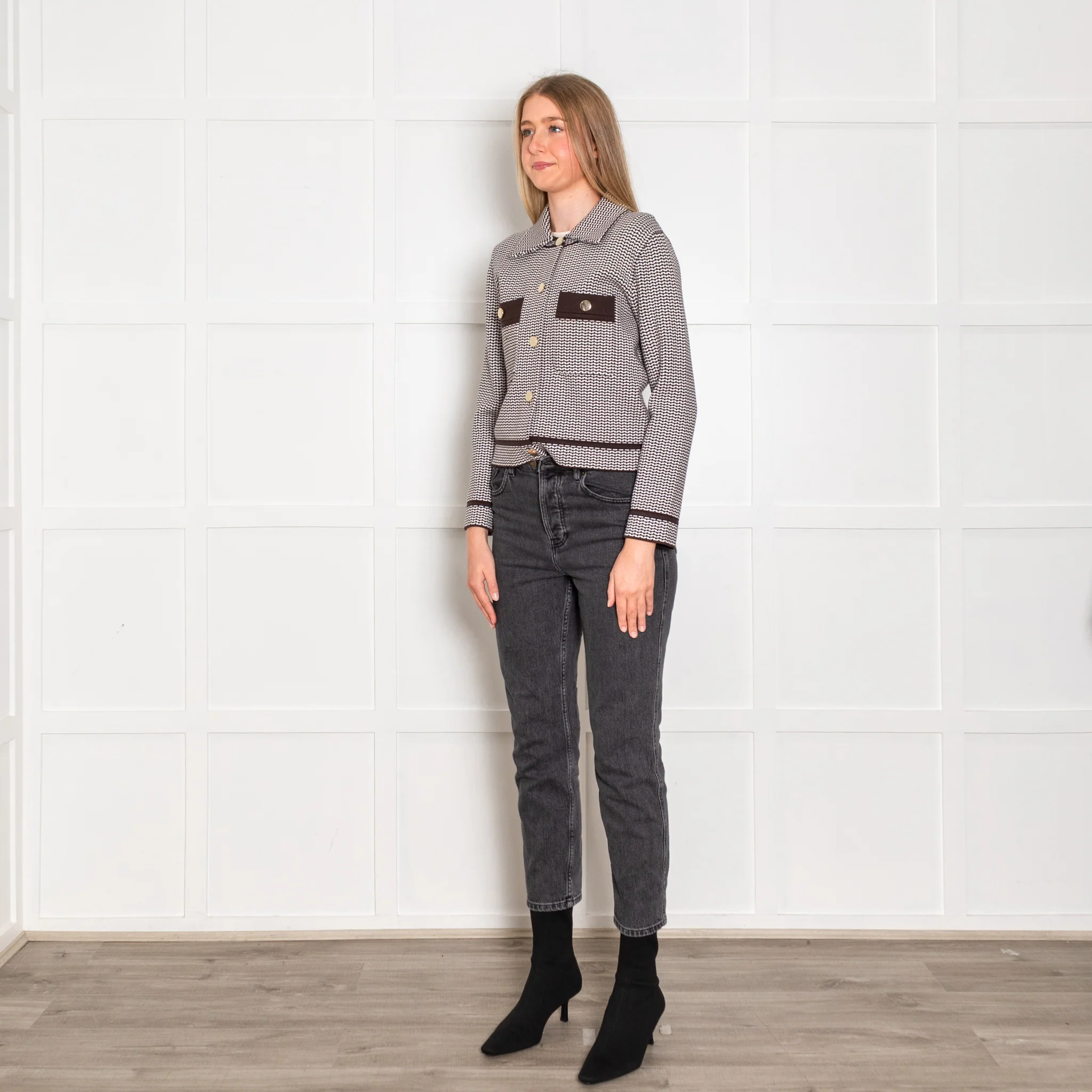 Claudie Pierlot Brown and White Stretch Knit Jacket with Gold Buttons - Image 3