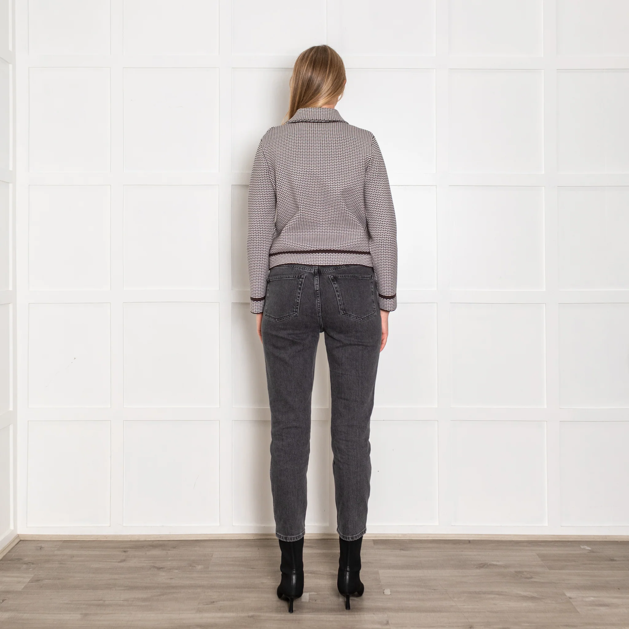 Claudie Pierlot Brown and White Stretch Knit Jacket with Gold Buttons - Image 5