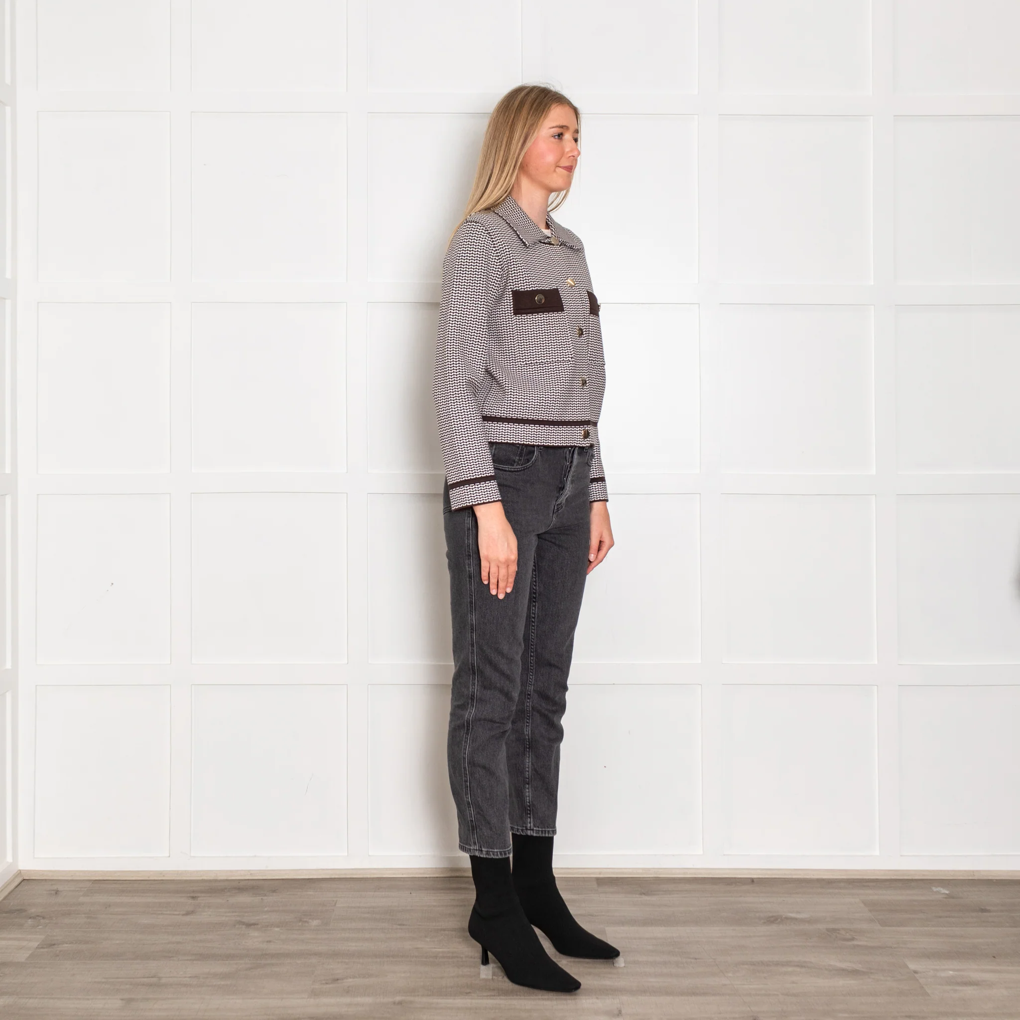 Claudie Pierlot Brown and White Stretch Knit Jacket with Gold Buttons - Image 7