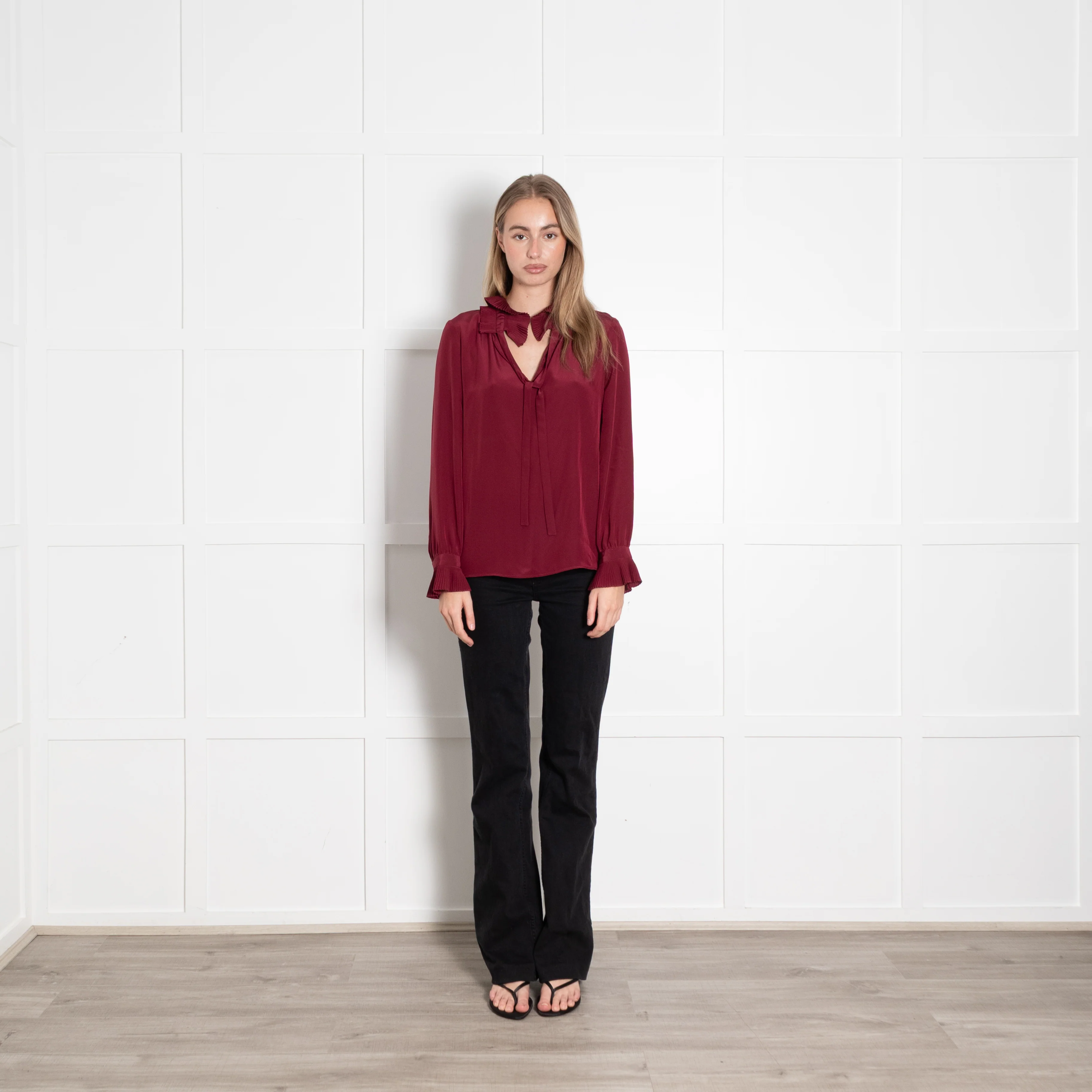 Claudie Pierlot Burgundy Silk Blouse With Pleated Collars & Cuffs