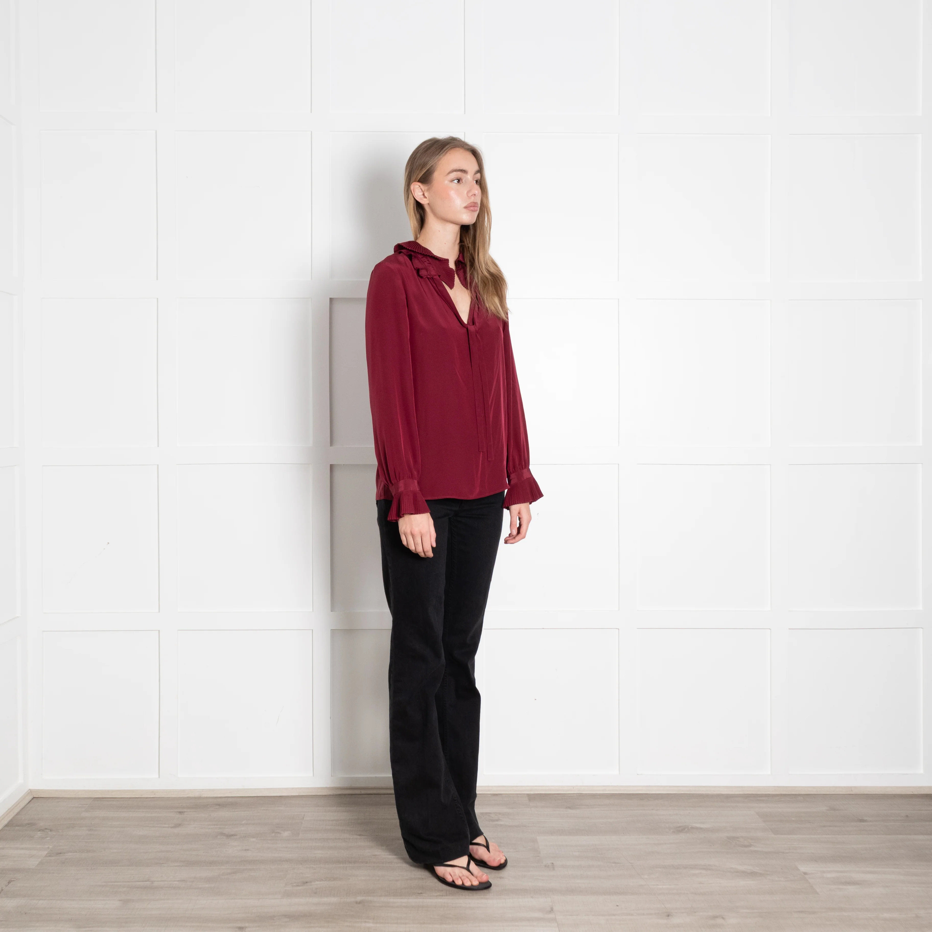 Claudie Pierlot Burgundy Silk Blouse With Pleated Collars & Cuffs - Image 7