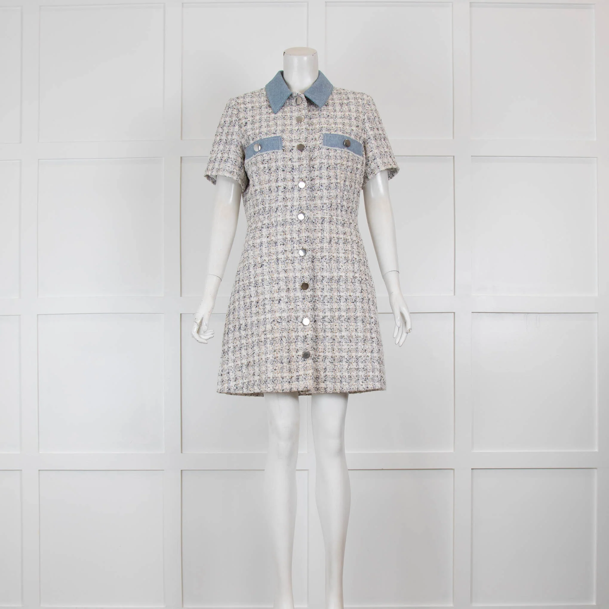Claudie Pierlot Cream Tweed Dress with Denim Collar