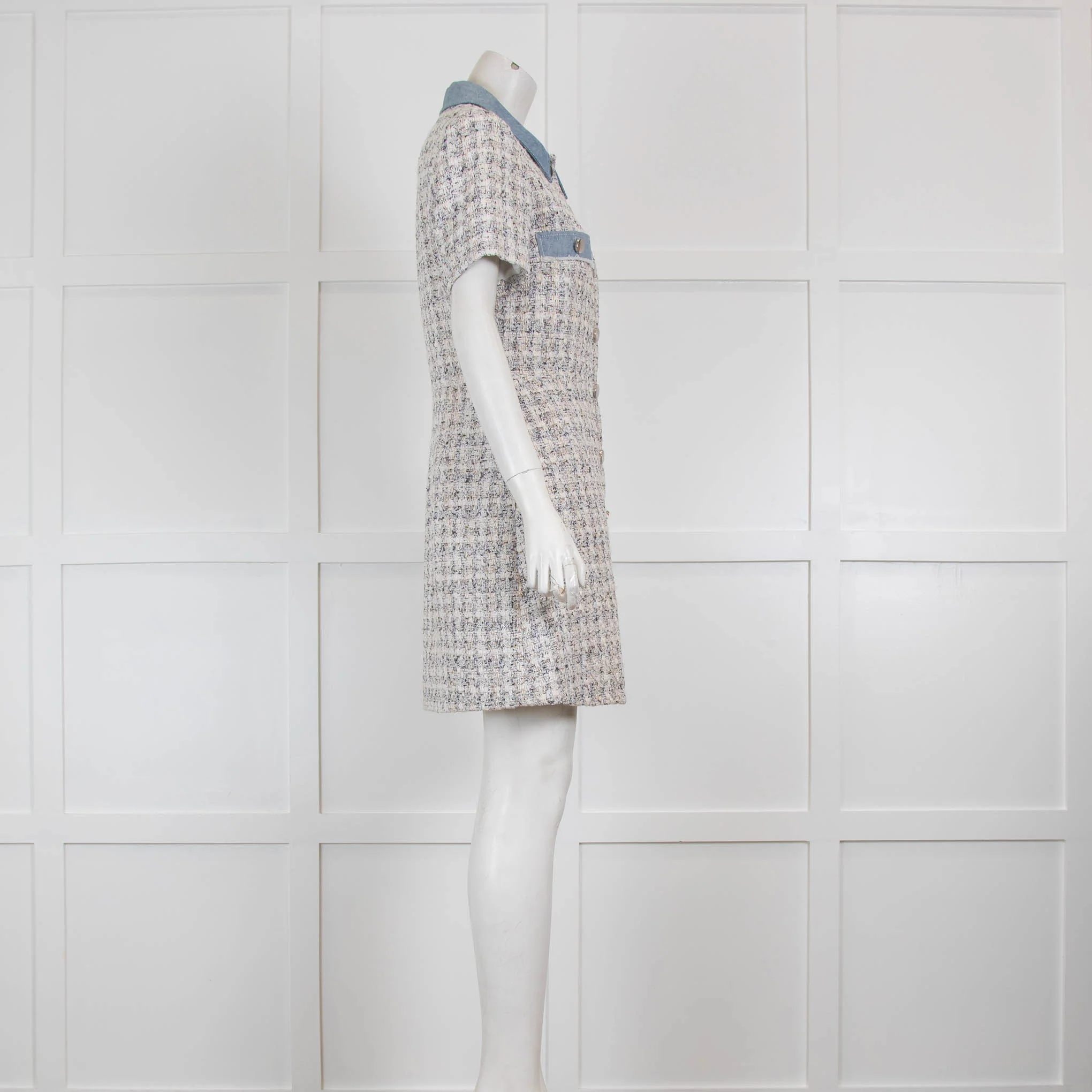 Claudie Pierlot Cream Tweed Dress with Denim Collar - Image 2