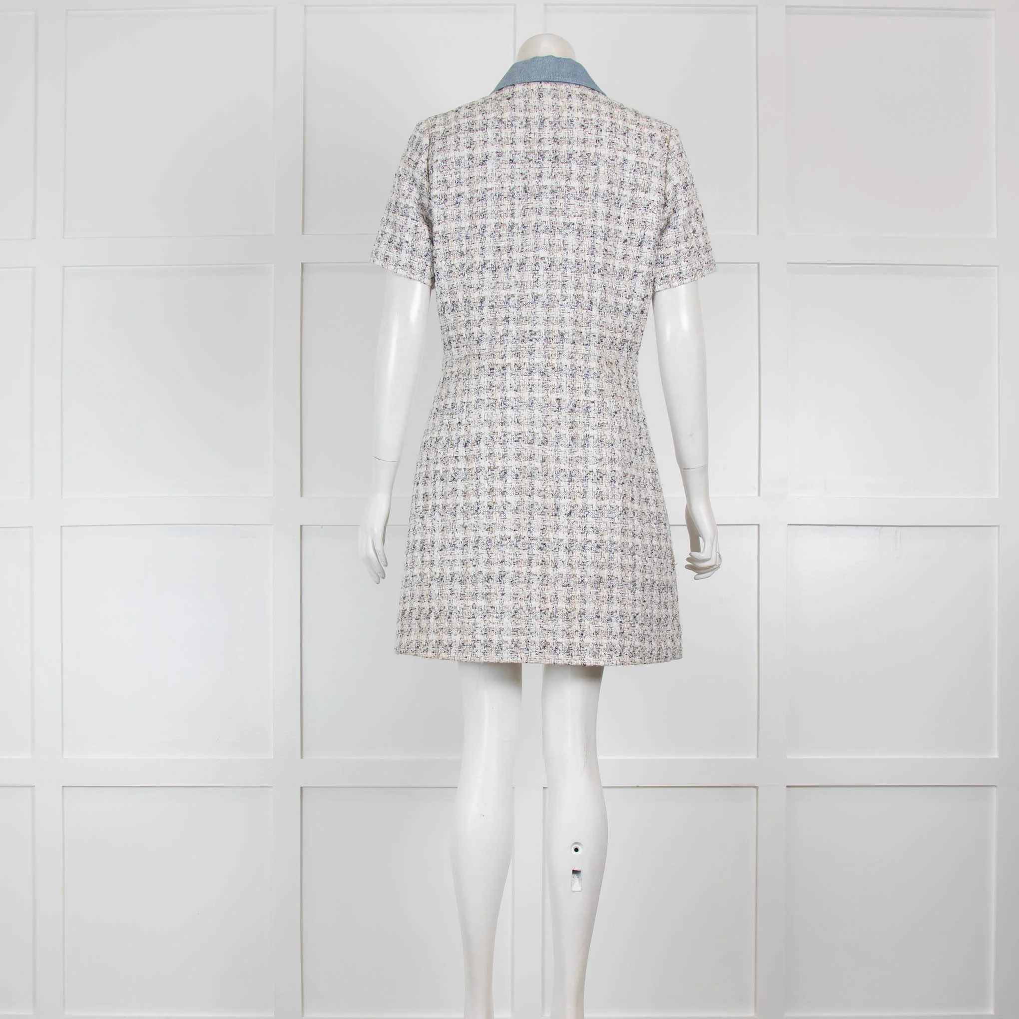 Claudie Pierlot Cream Tweed Dress with Denim Collar - Image 3