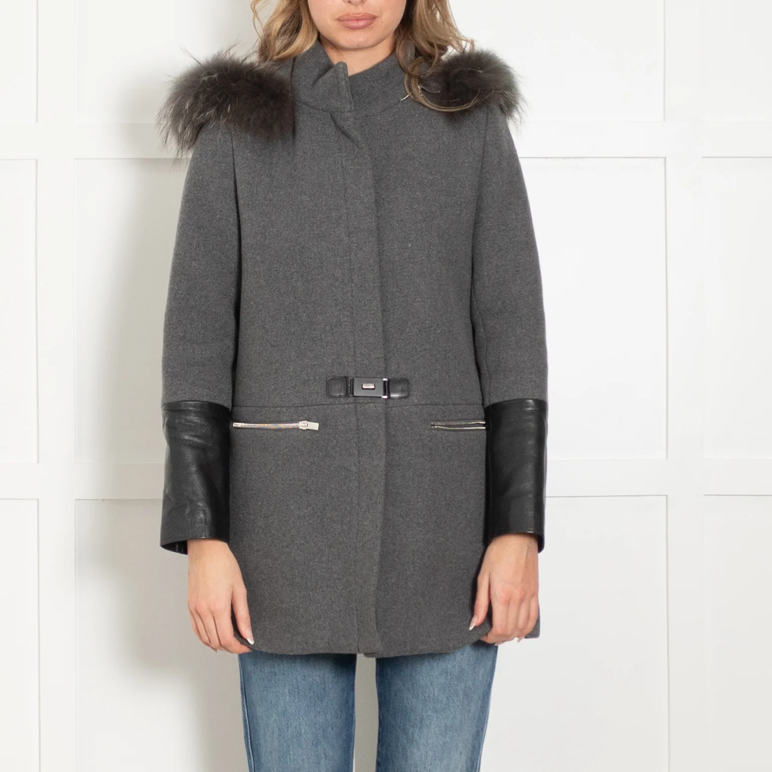 Claudie Pierlot Grey Coat with Leather Cuffs and Detachable Fur Hood - Image 2