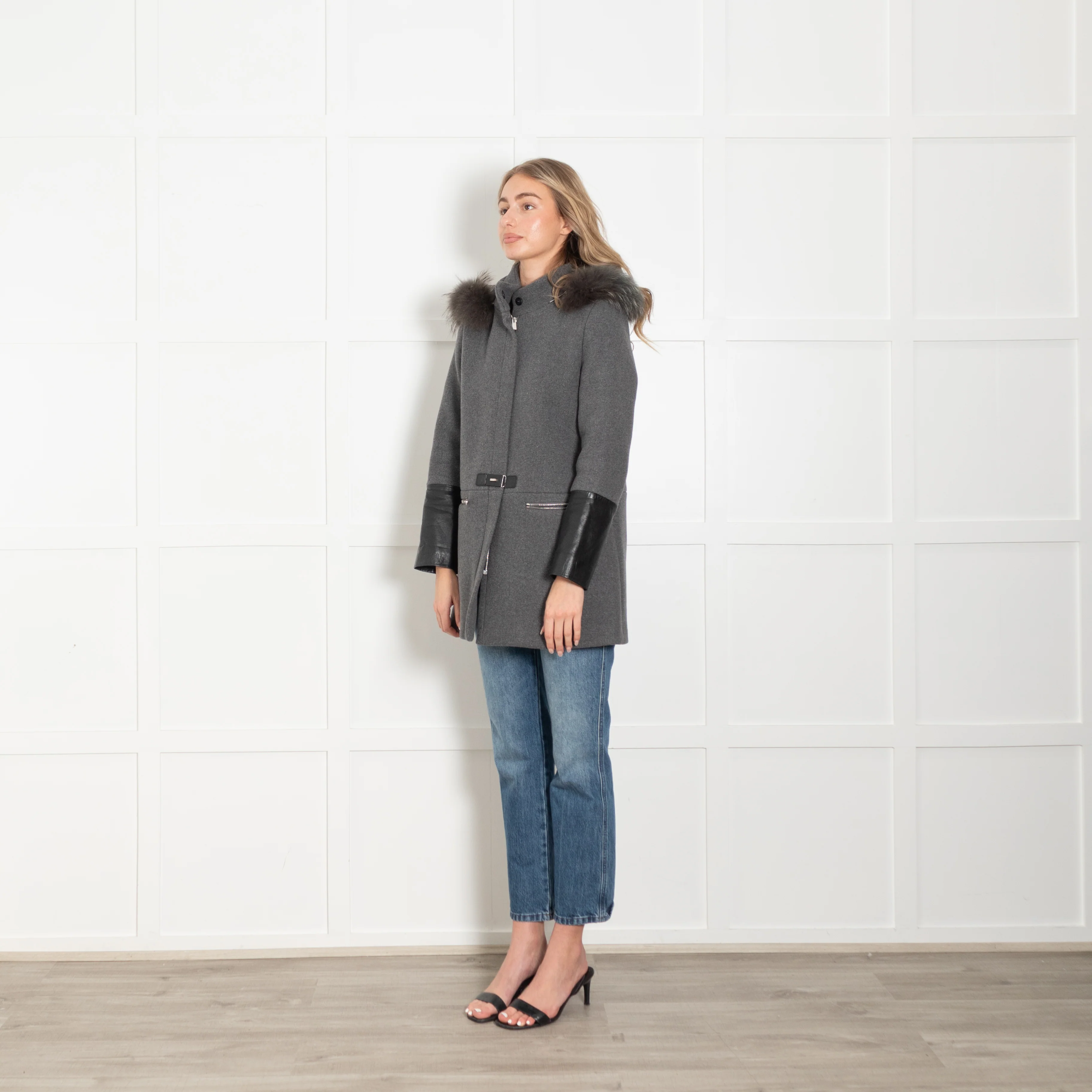 Claudie Pierlot Grey Coat with Leather Cuffs and Detachable Fur Hood - Image 3