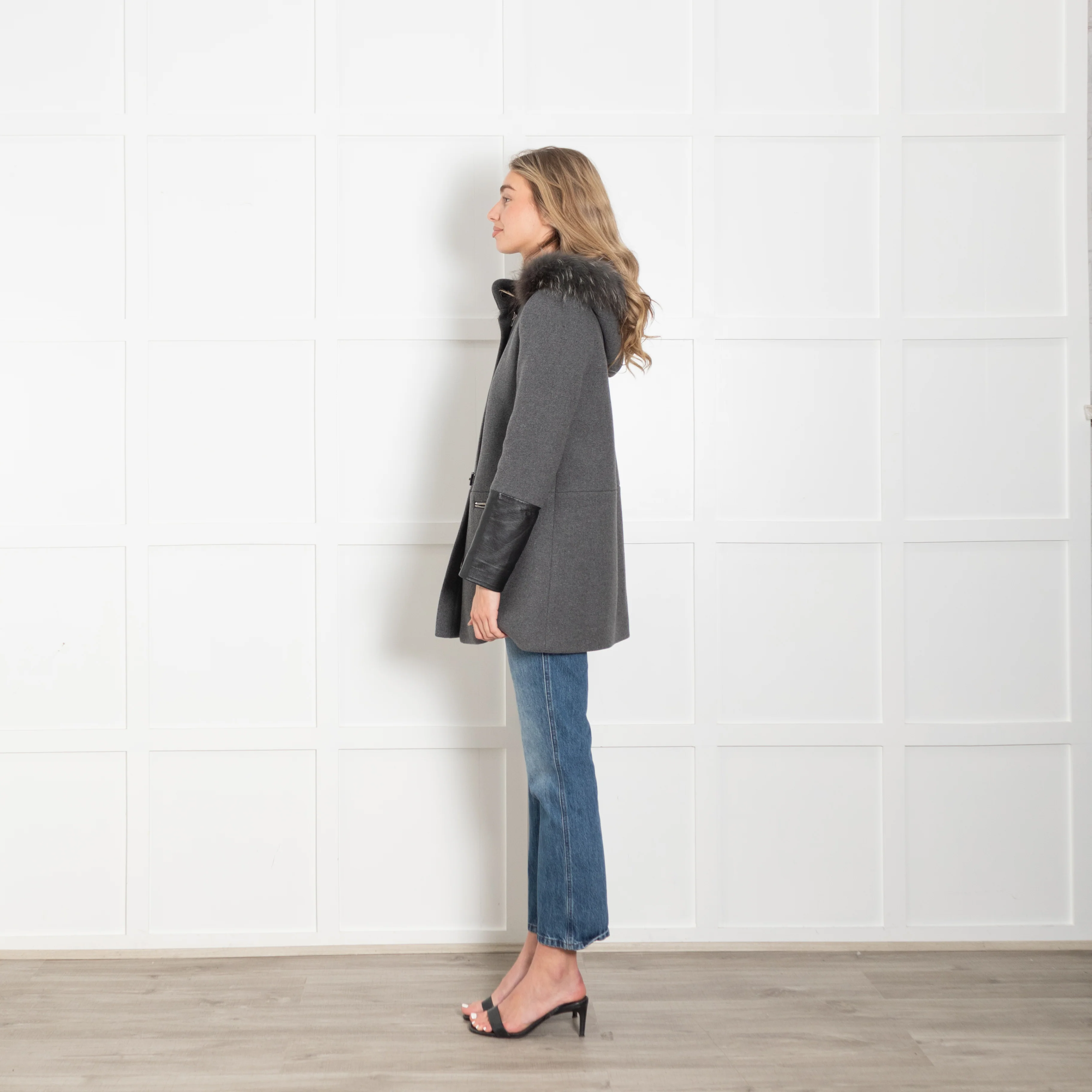 Claudie Pierlot Grey Coat with Leather Cuffs and Detachable Fur Hood - Image 4