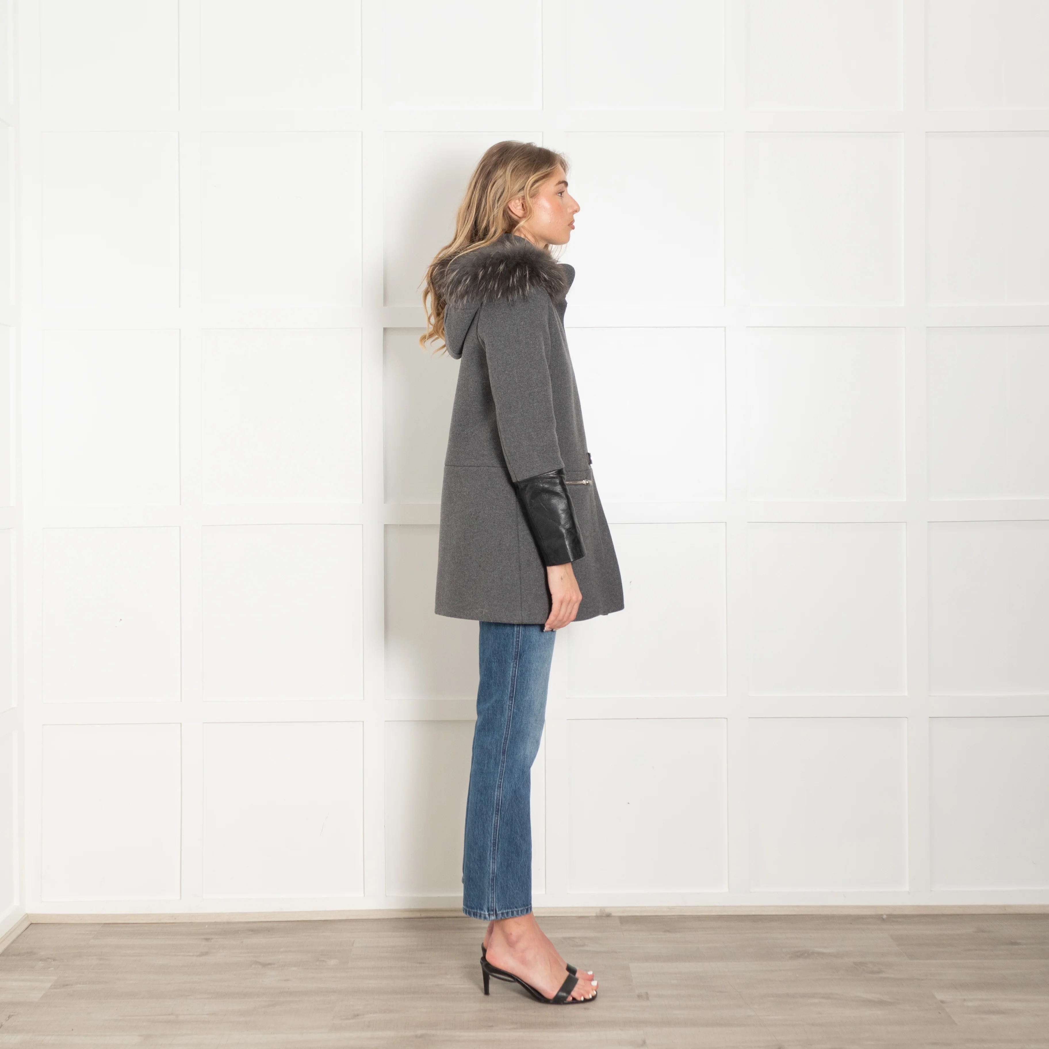 Claudie Pierlot Grey Coat with Leather Cuffs and Detachable Fur Hood - Image 6