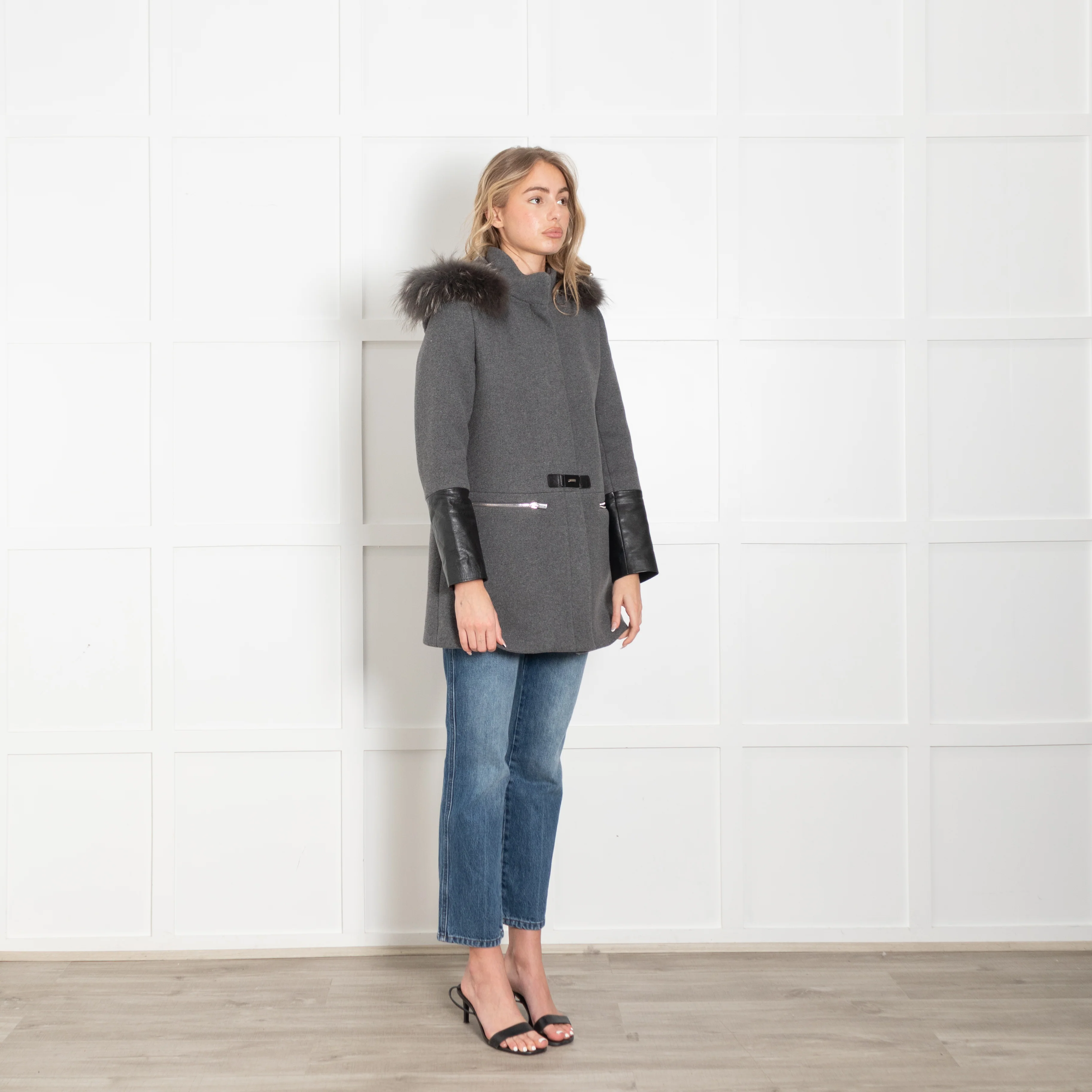 Claudie Pierlot Grey Coat with Leather Cuffs and Detachable Fur Hood - Image 7