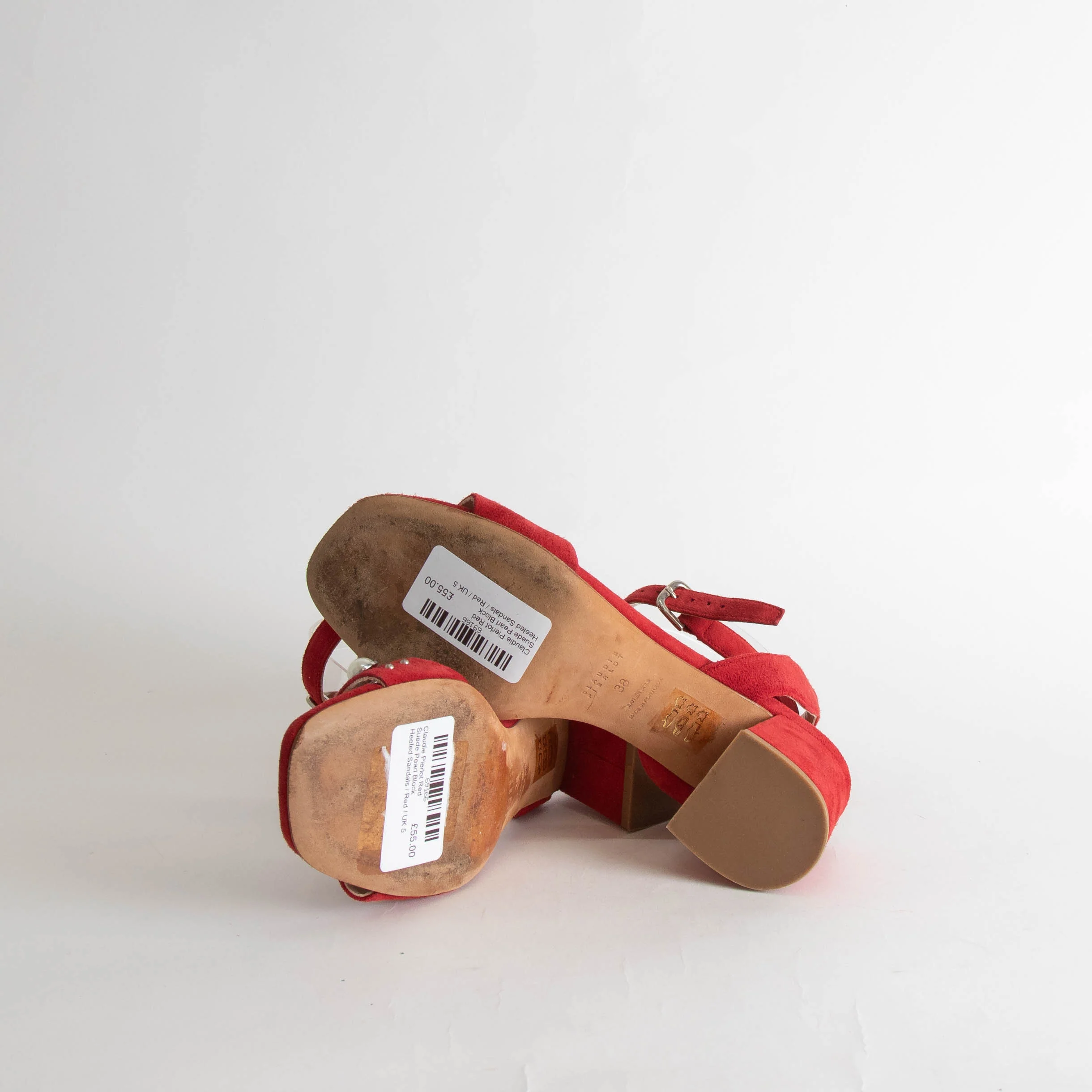 Claudie Pierlot Red Suede Pearl Block Heeled Sandals - Image 6