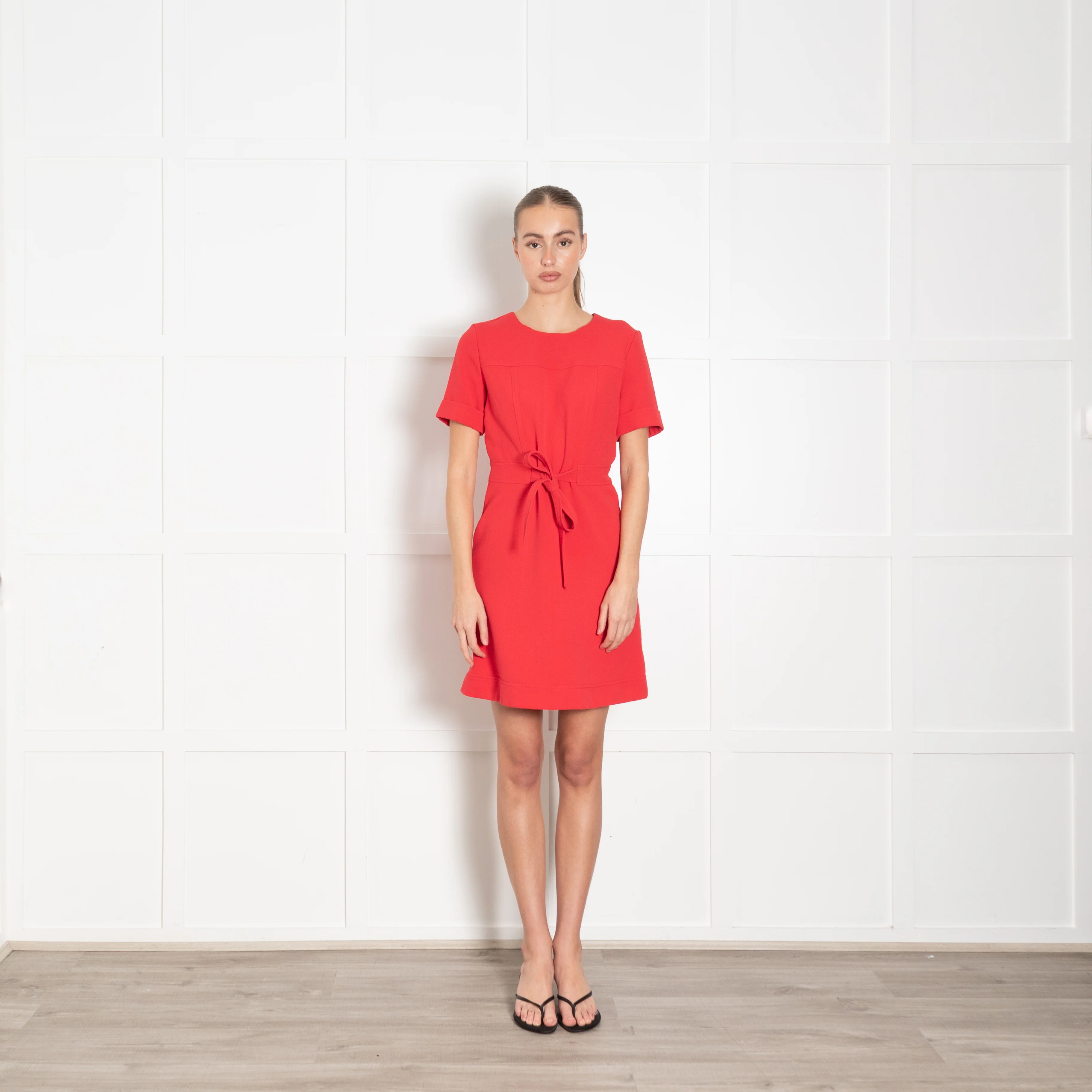 Claudie Pierlot Red Textured Fabric Belted Knee Length Dress