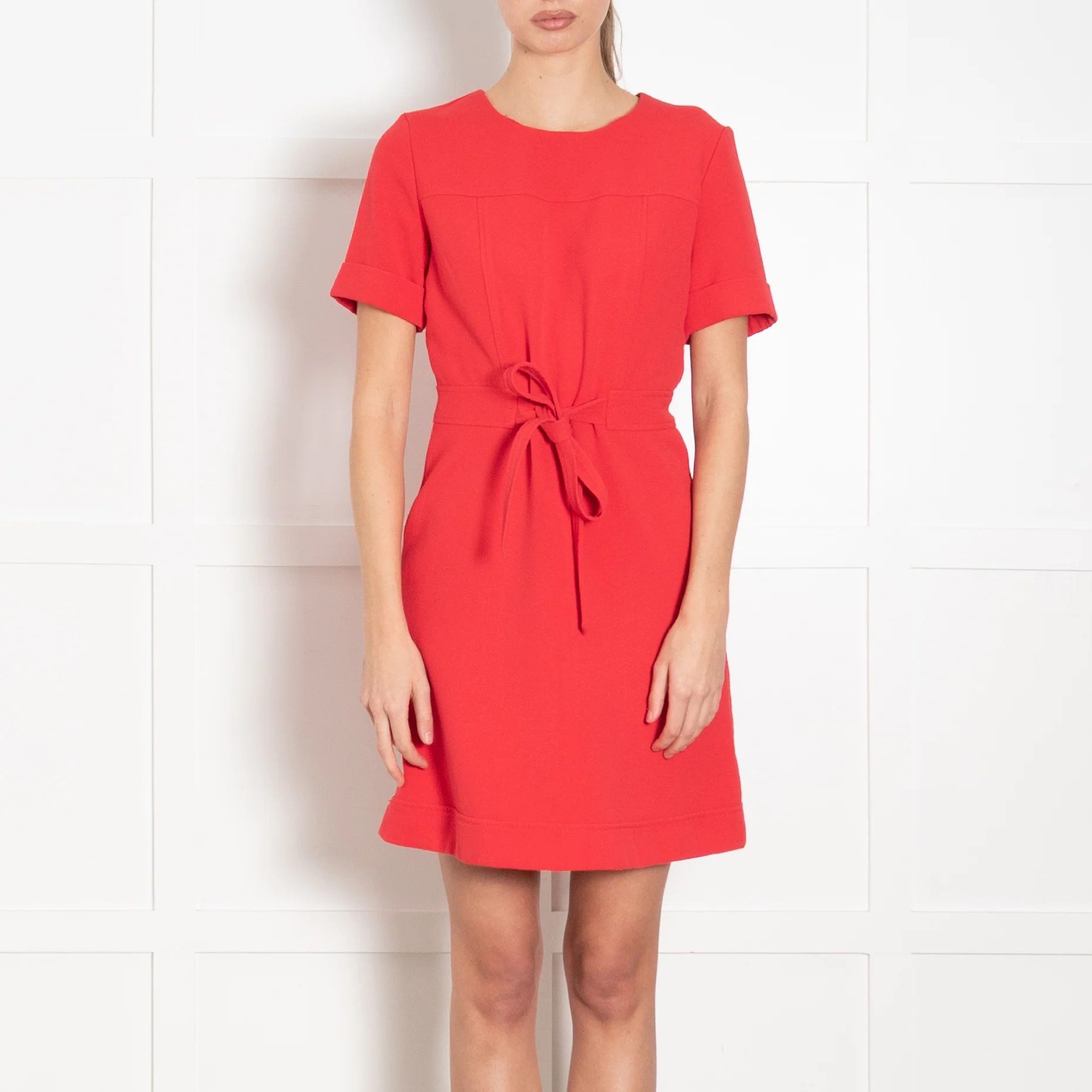 Claudie Pierlot Red Textured Fabric Belted Knee Length Dress - Image 2