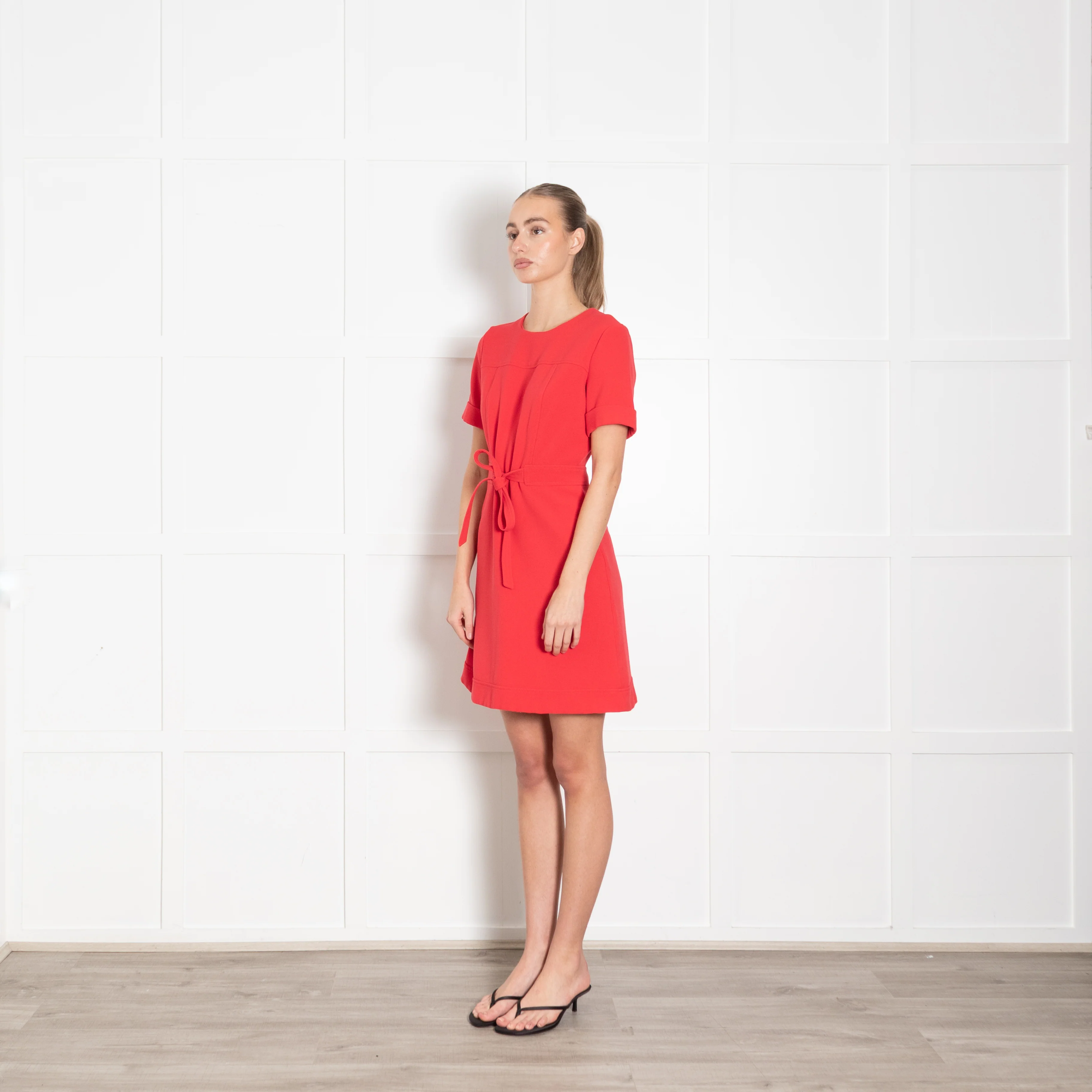 Claudie Pierlot Red Textured Fabric Belted Knee Length Dress - Image 3